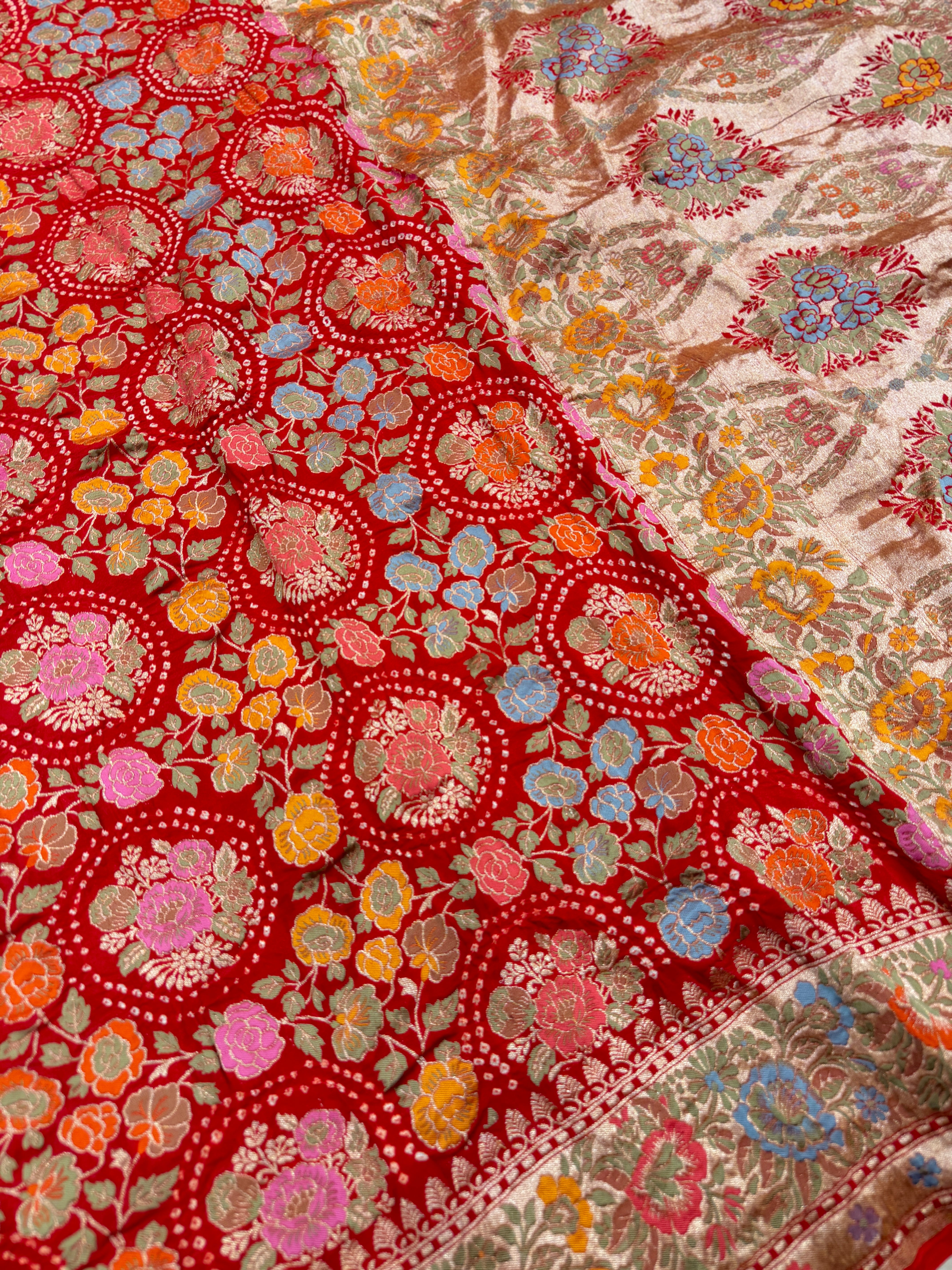Red Floral Rose Buttas Meenakari Rai Bandhej Bandhini Saree