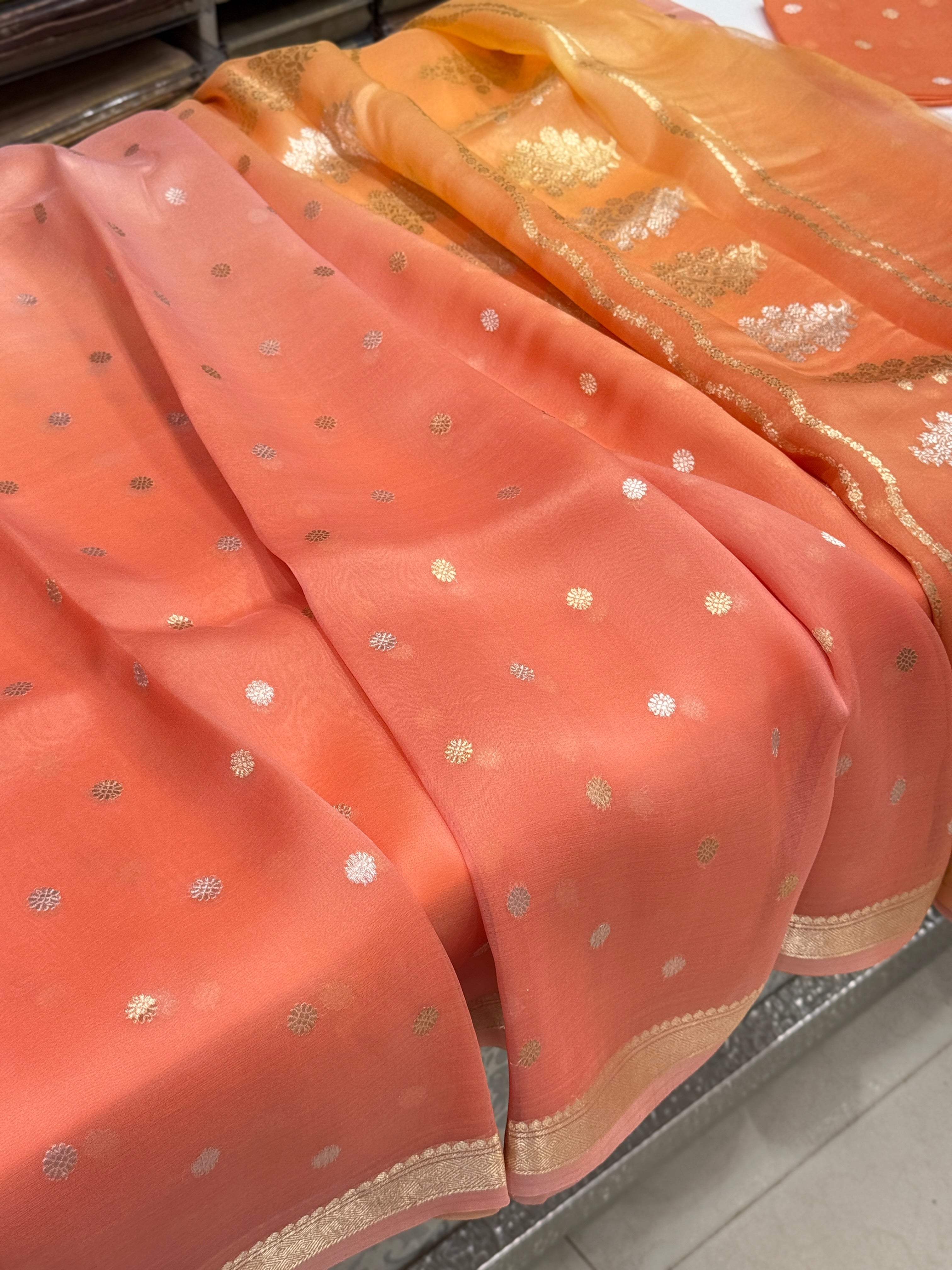 Orange Shaded Banarasi Handloom Kora Saree