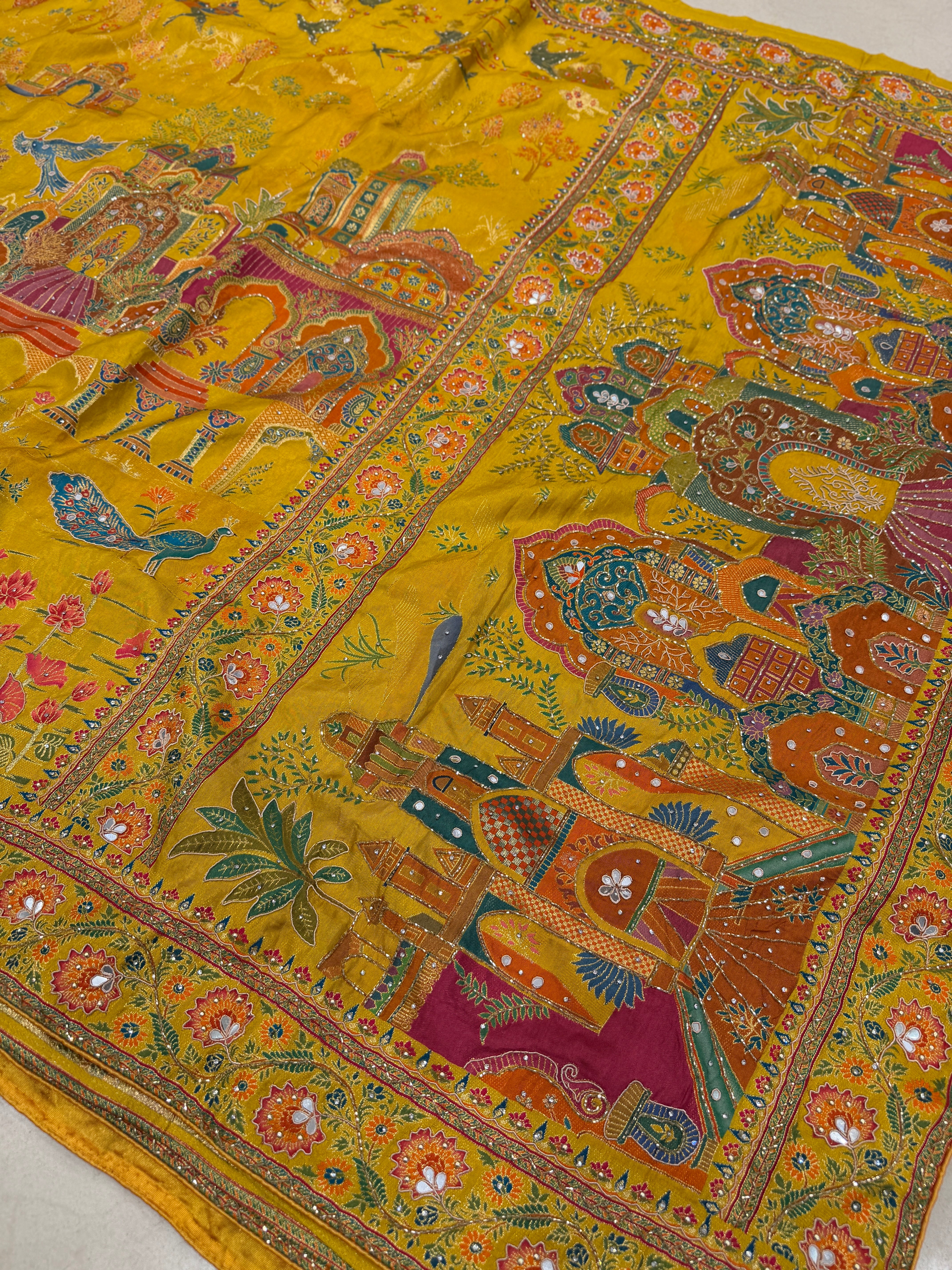 Yellow Palace Landscape Hand Embroidery Pashmina Saree