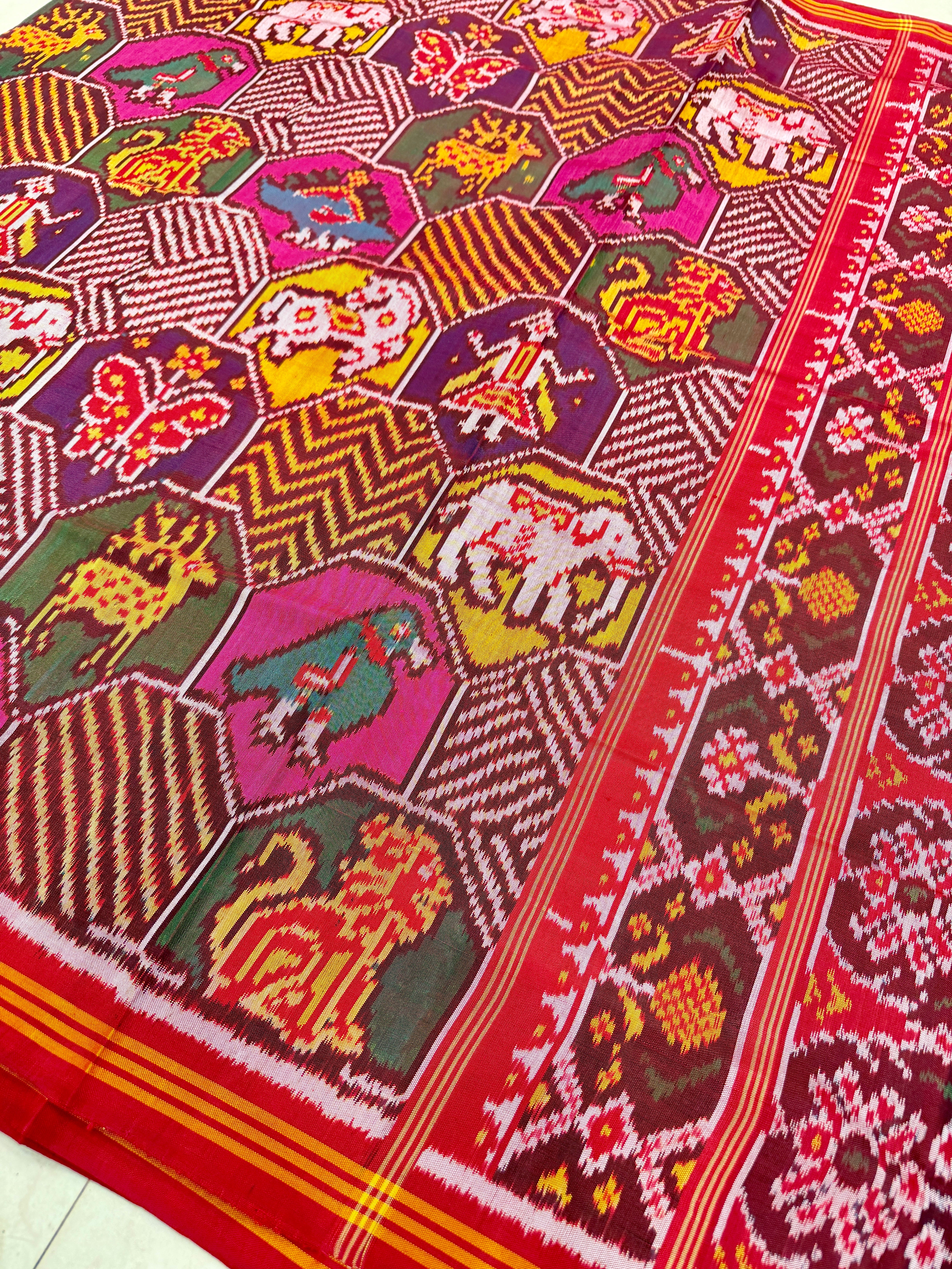 Rani Contemporary Elephant Motifs Pure Silk Handloom Patola Saree