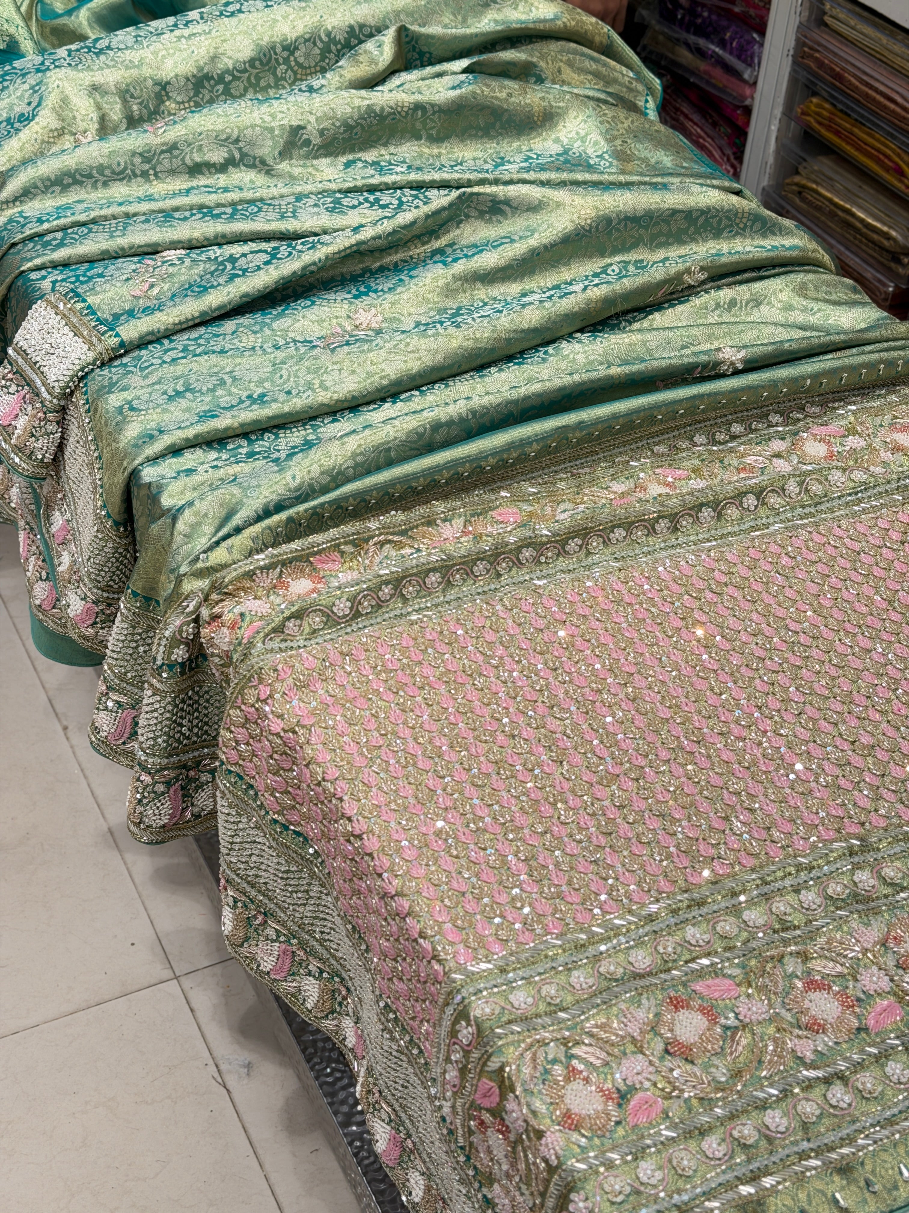 Pista Green Floral Tissue Kanjivaram Hand Embroidery Saree