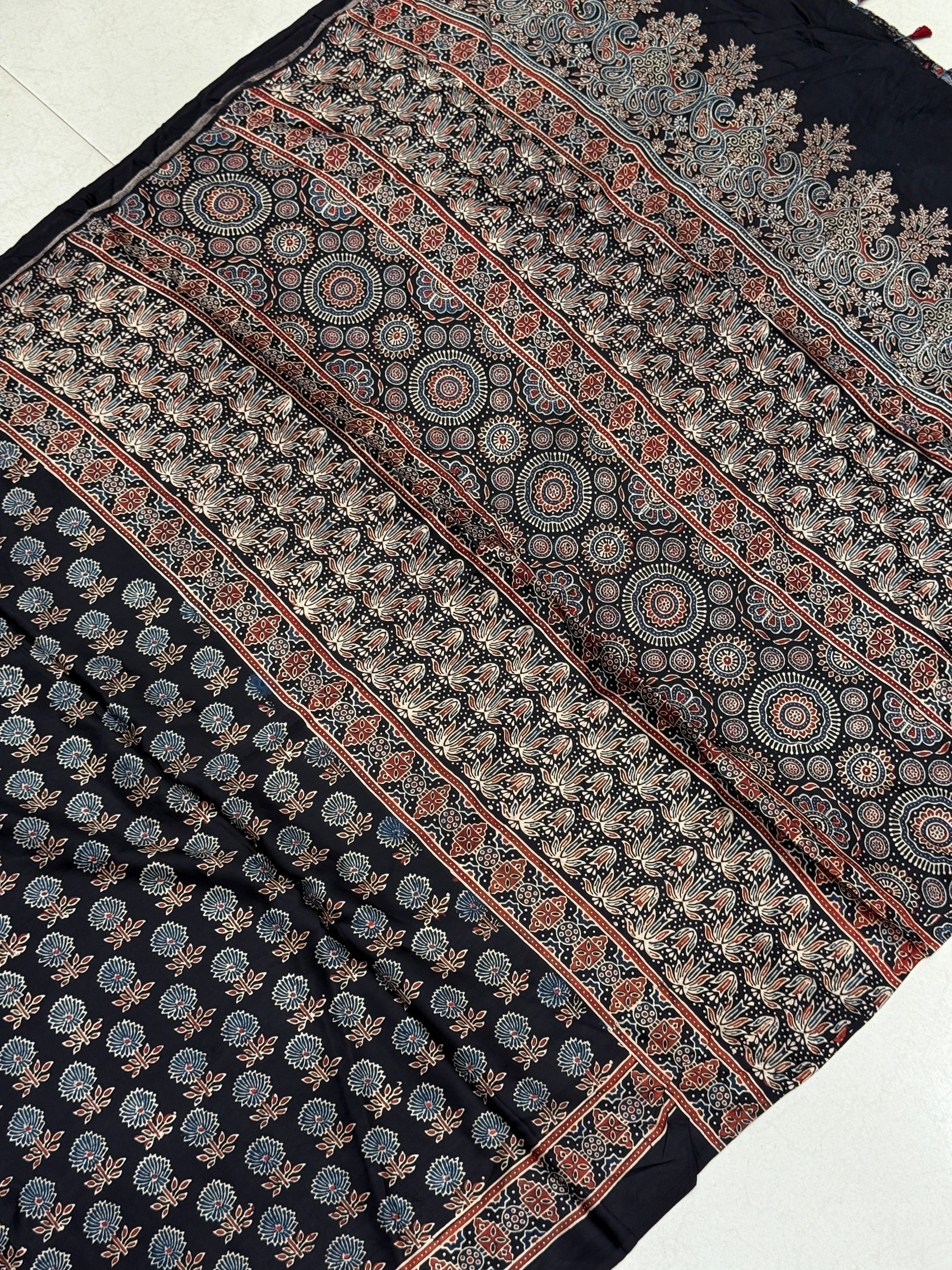 Black Contemporary Buttis Ajrakh Block Print Hand Pure Gajji Silk Saree