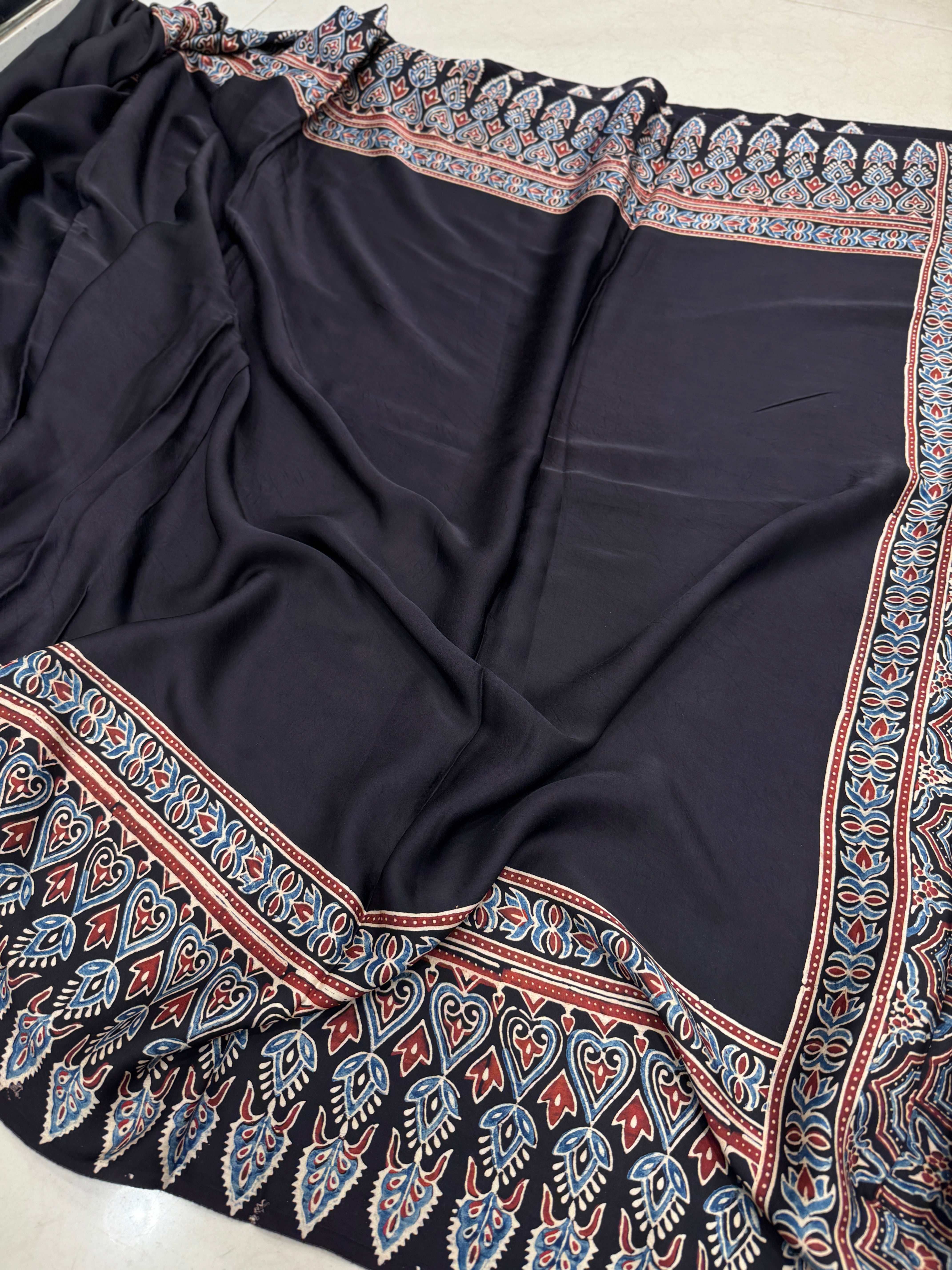 Black Border Contemporary Ajrakh Hand Block Print Pure Gajji Silk Saree