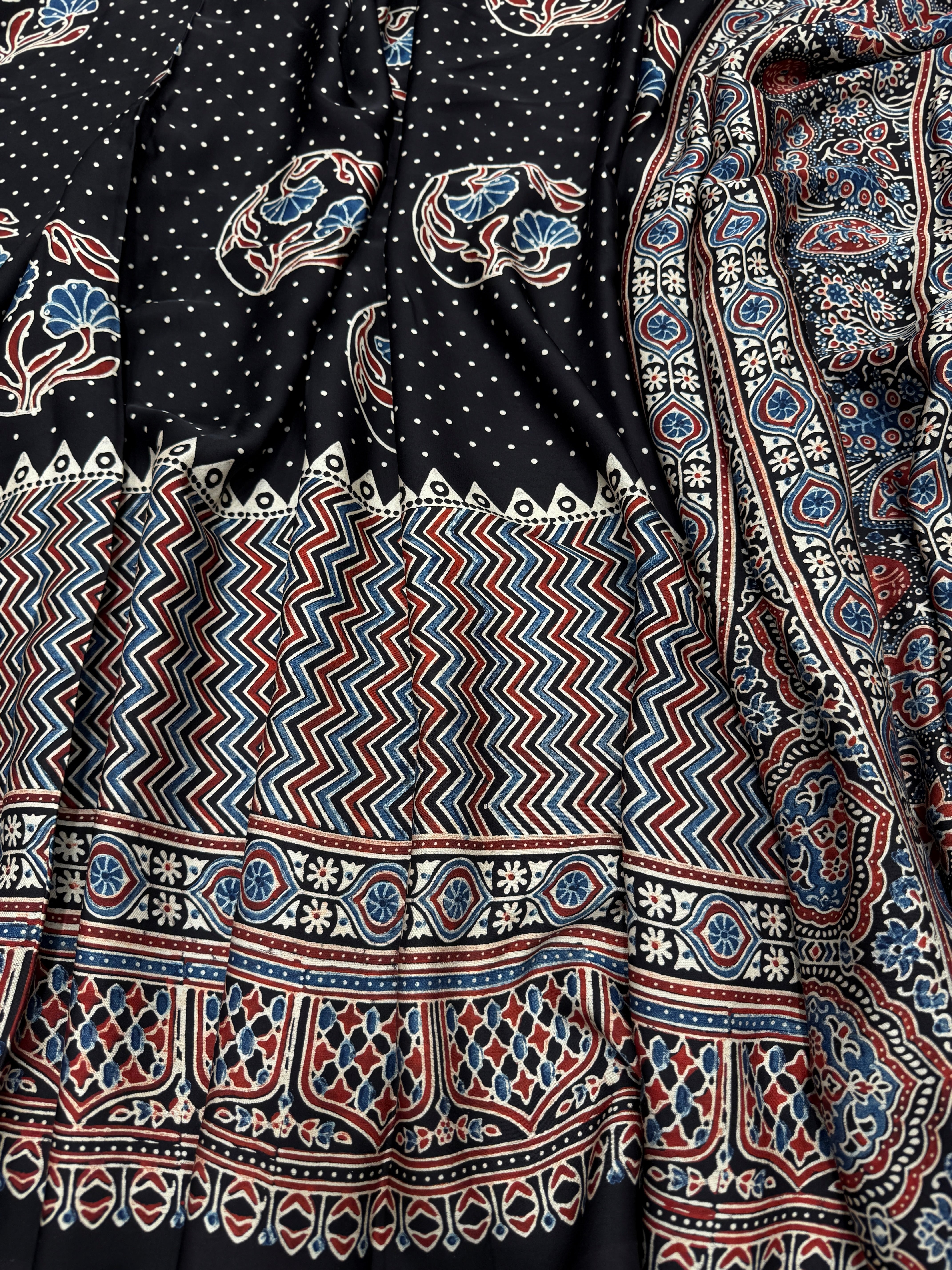 Black Half n Half Buttas Ajrakh Modal Gajji Silk Saree