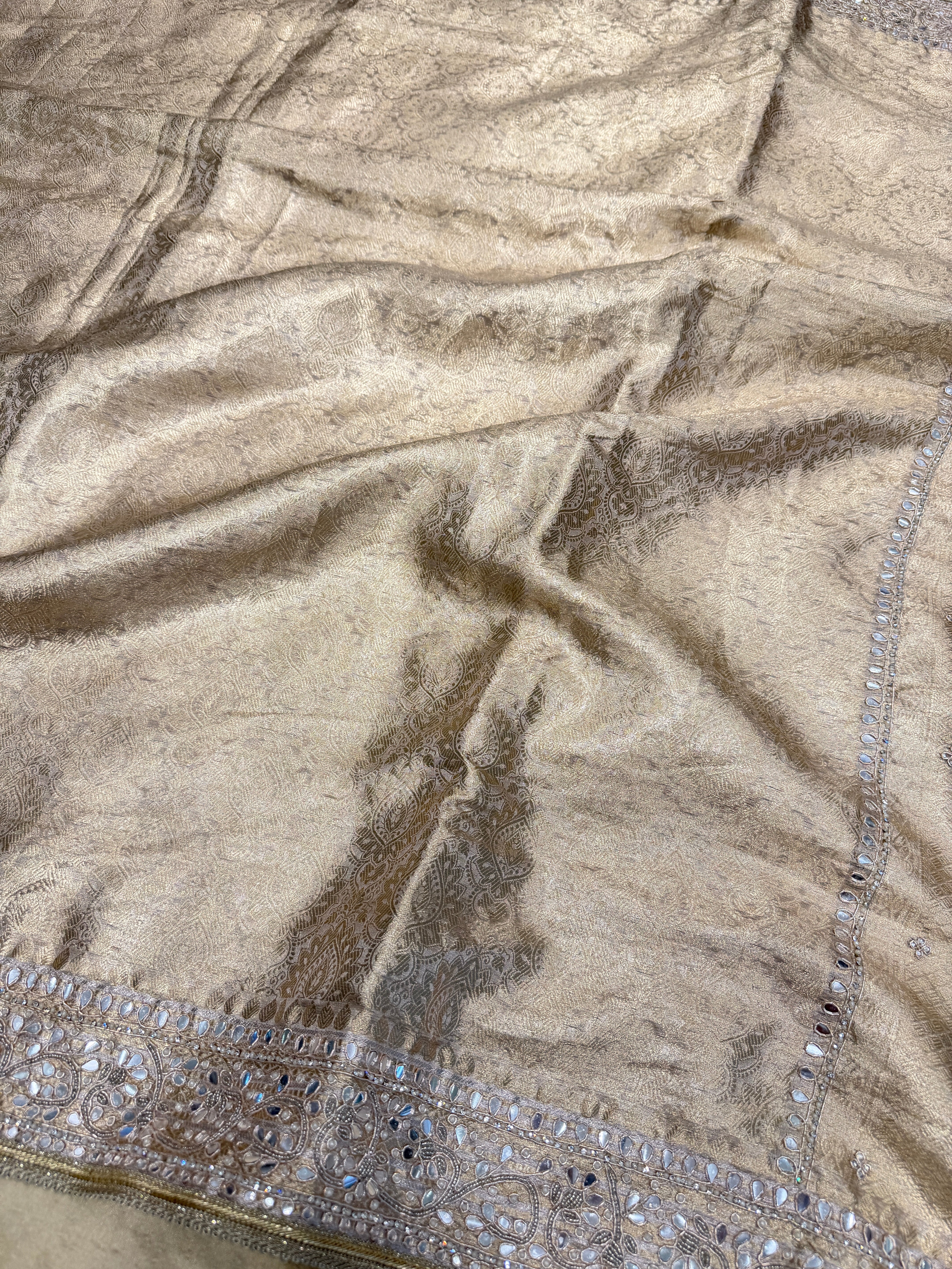 Gold Tissue Kanjivaram Moti Hand Embroidery Saree