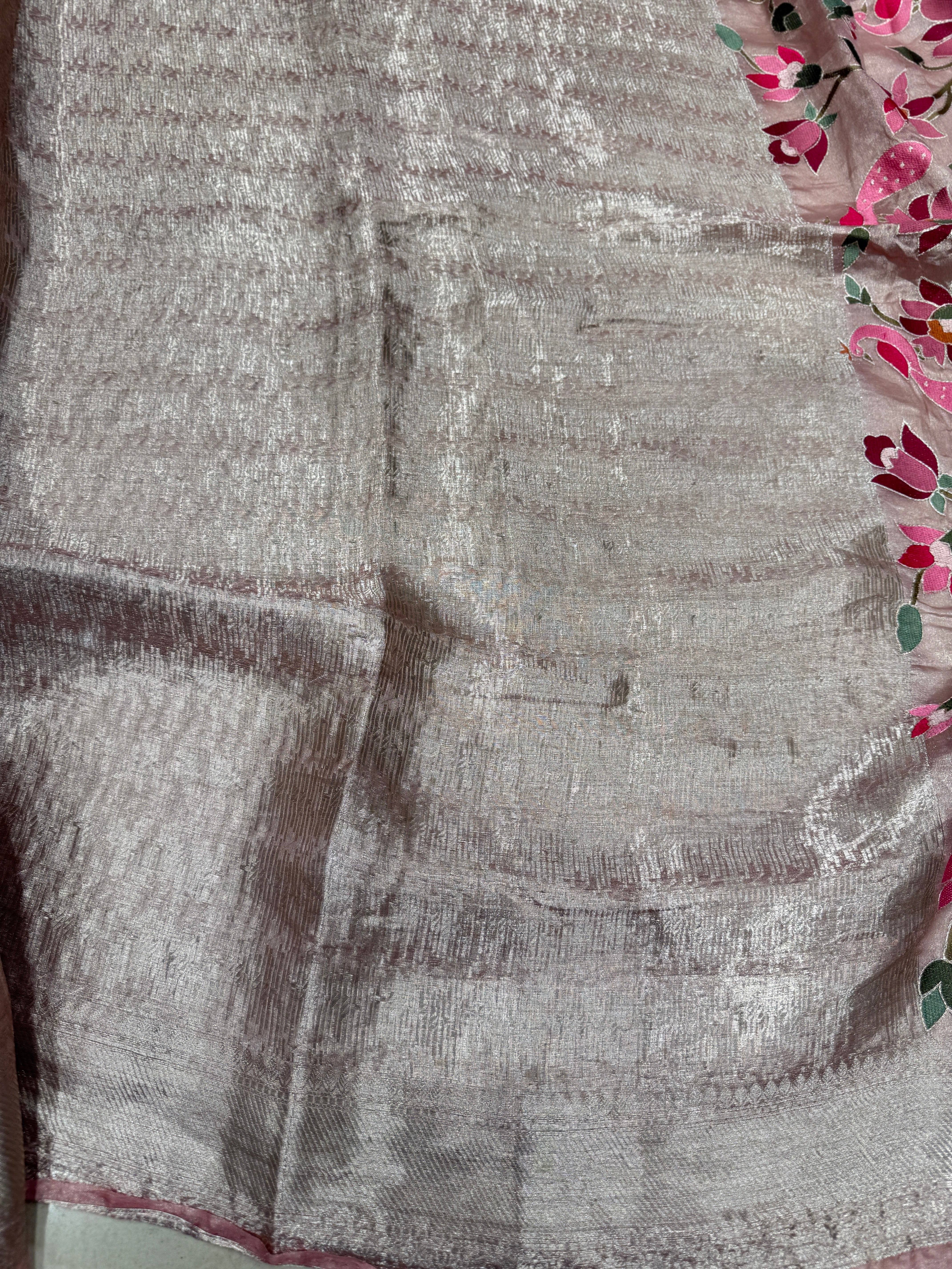 Nude Pink Silver Handloom Tissue Peacock Contemporary Resham Embroidery Saree