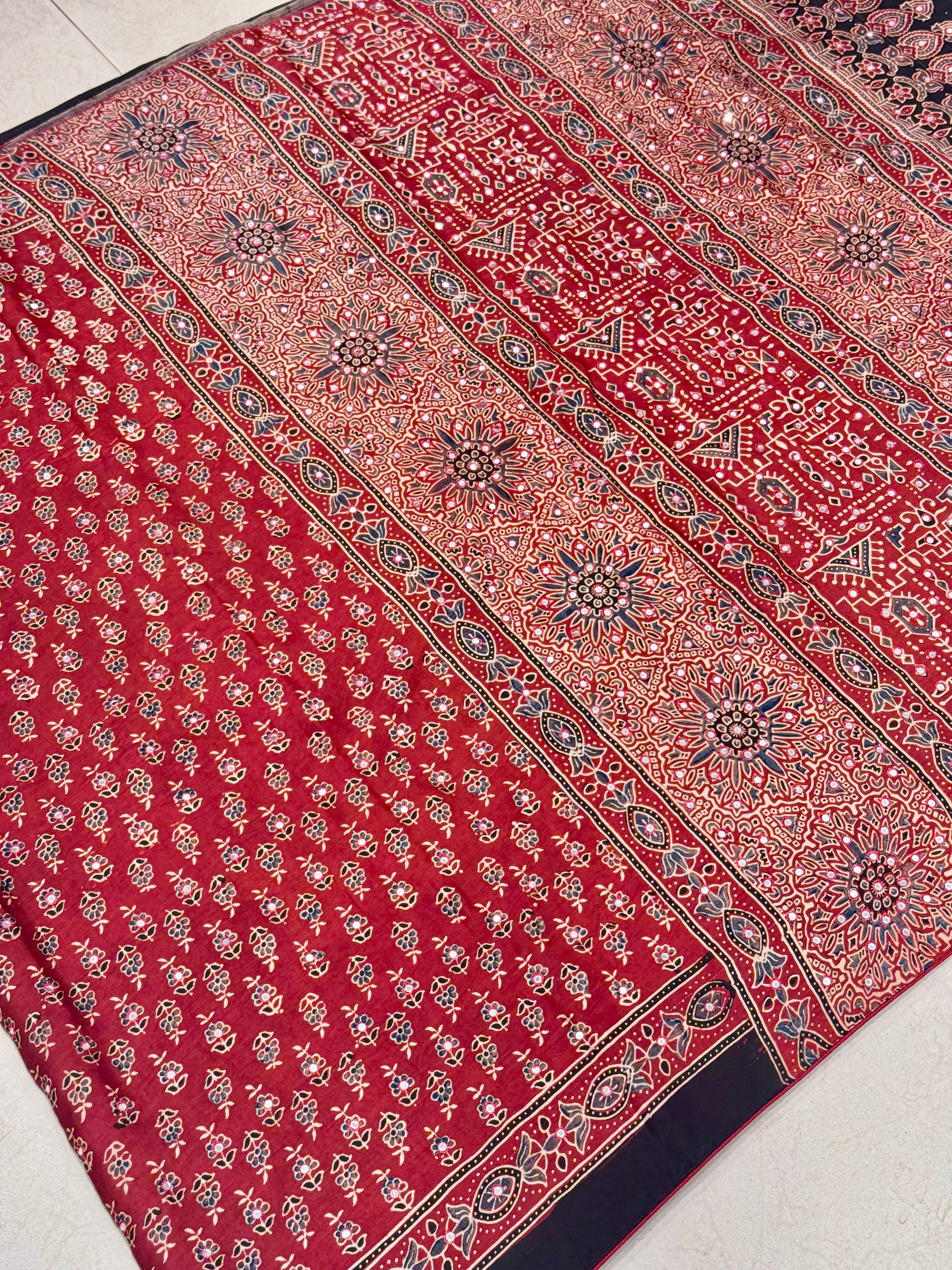 Red Butti Ajrakh Sequin Mirror Resham Hand Embroidery Saree