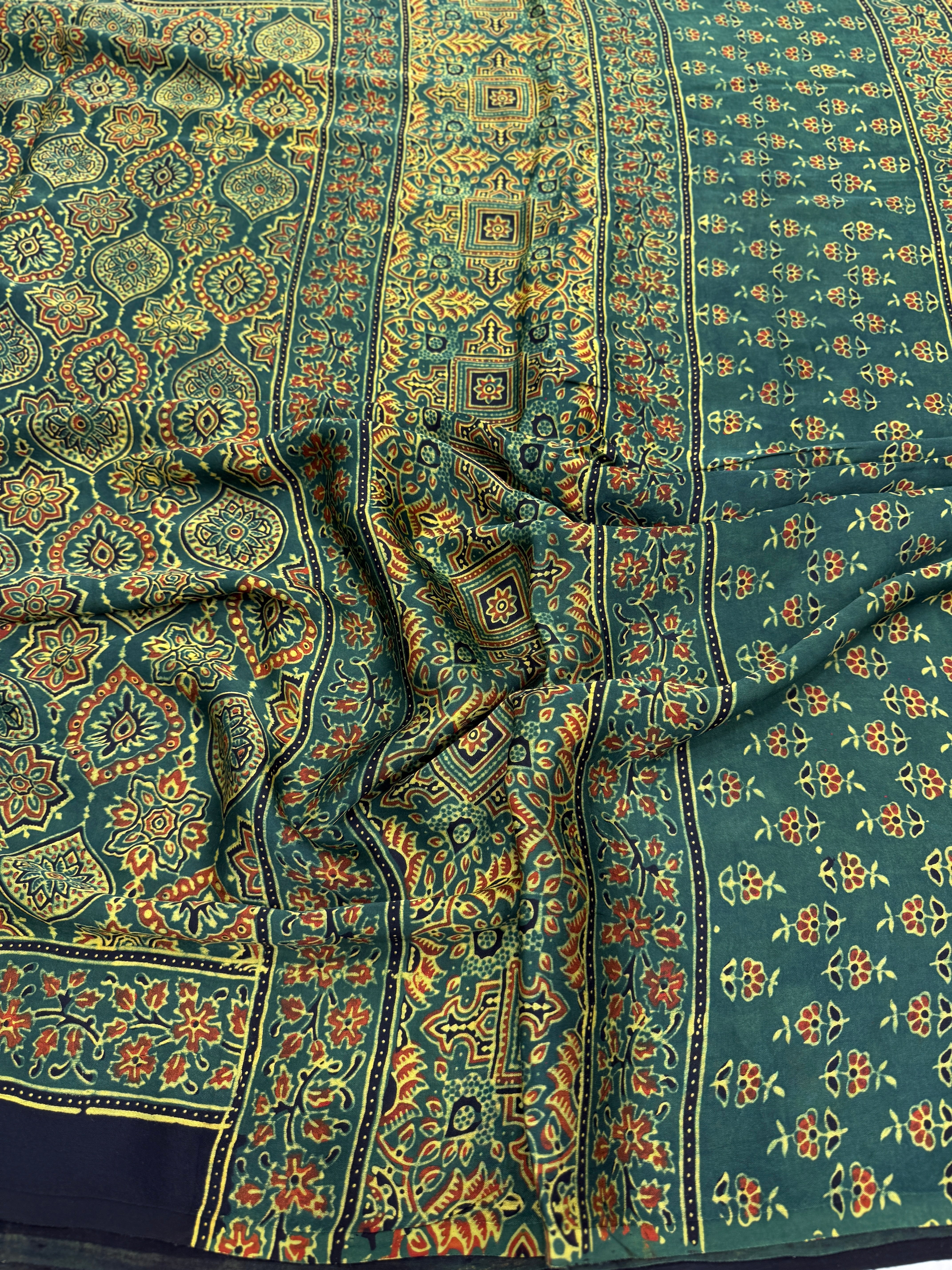 Green Badam Butti Ajrakh Hand Block Print Pure Gajji Silk Saree