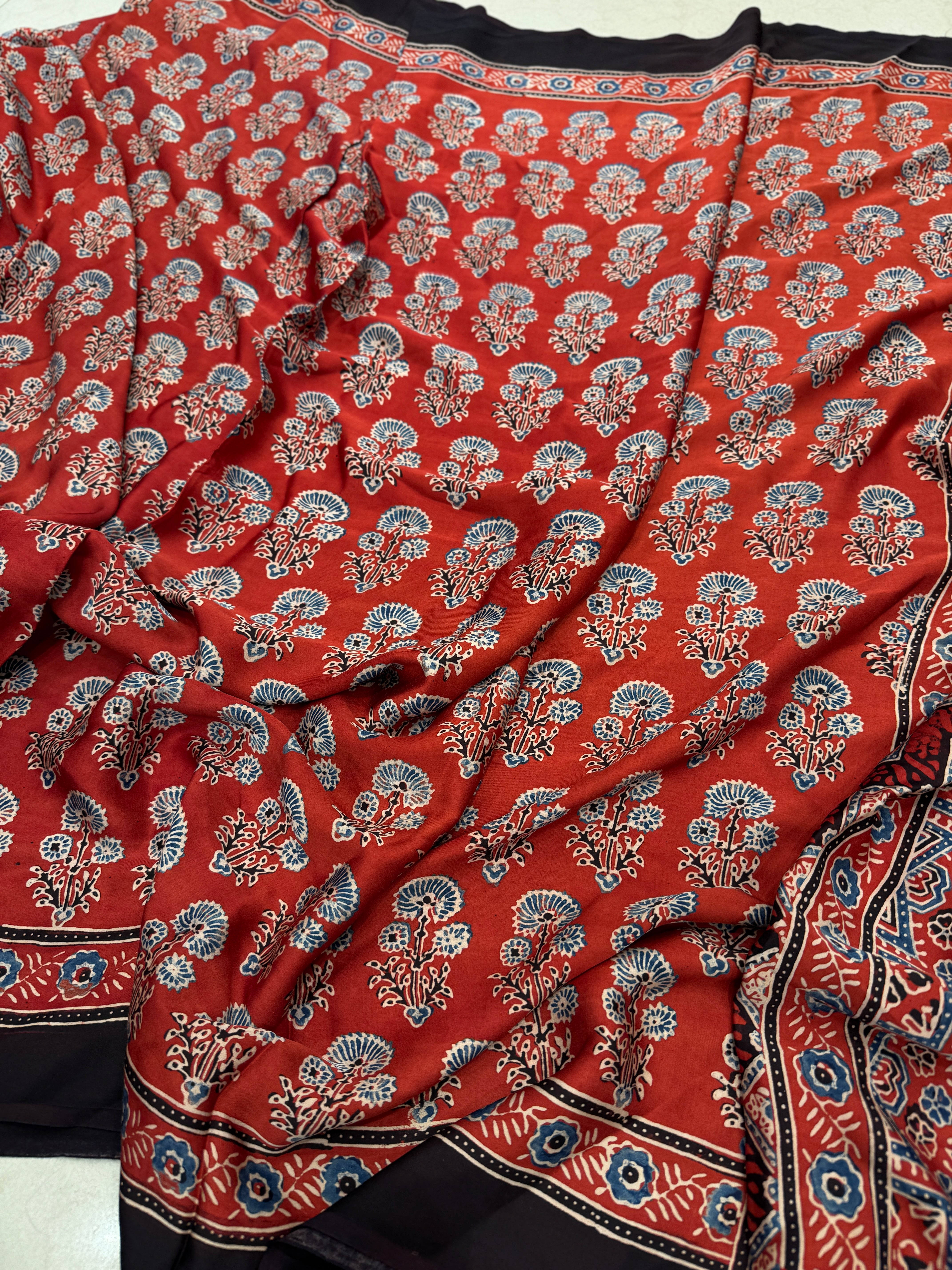 Red Floral Butta Ajrakh Hand Block Print Pure Gajji Silk Saree