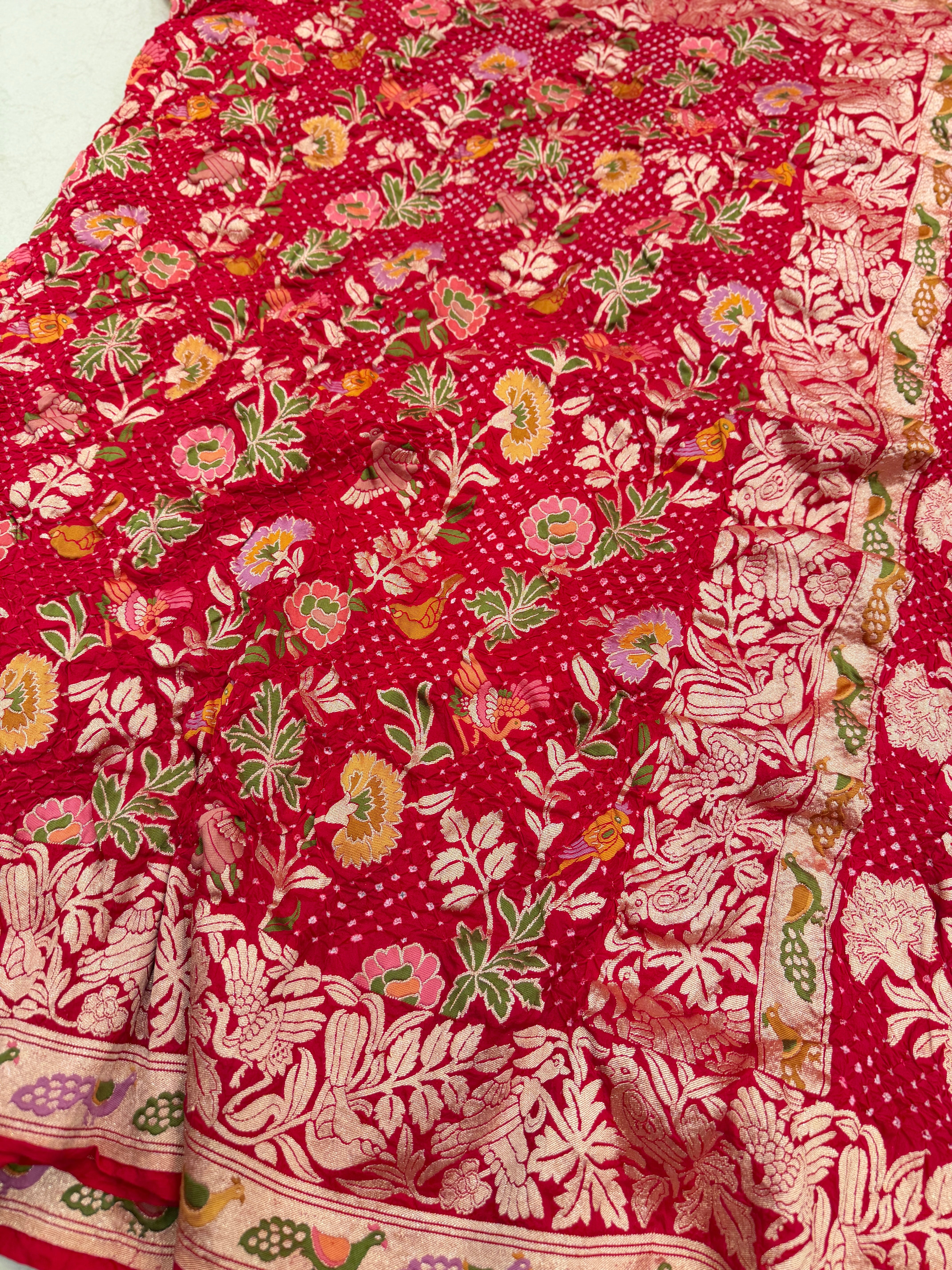 Red Meenakari Meenakari Jaal Peacock Motif Pure Handloom Bandhej Georgette Saree