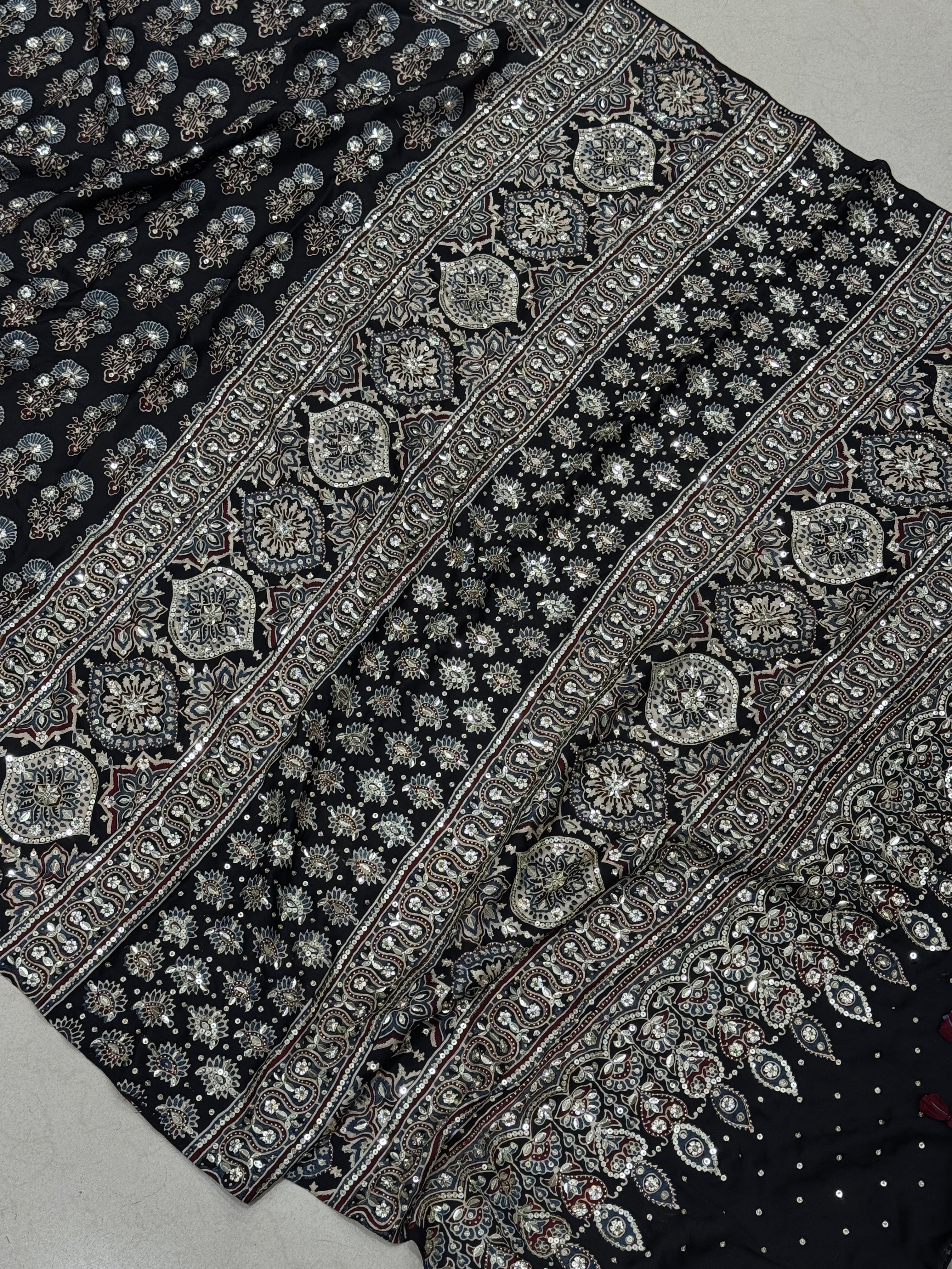 Black Floral Buttas Sequin Ajrakh Hand Embroidery Saree
