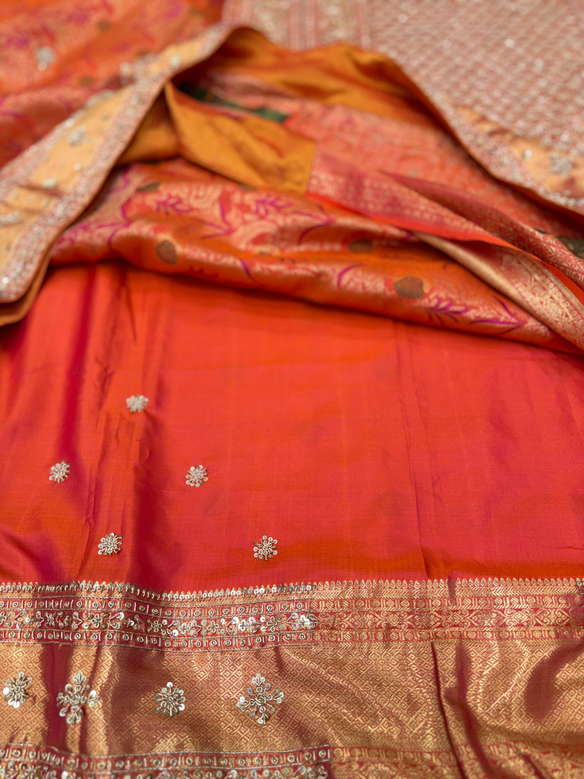Rust Orange Meenakari Kanjivaram Zardosi Hand Embroidery Saree