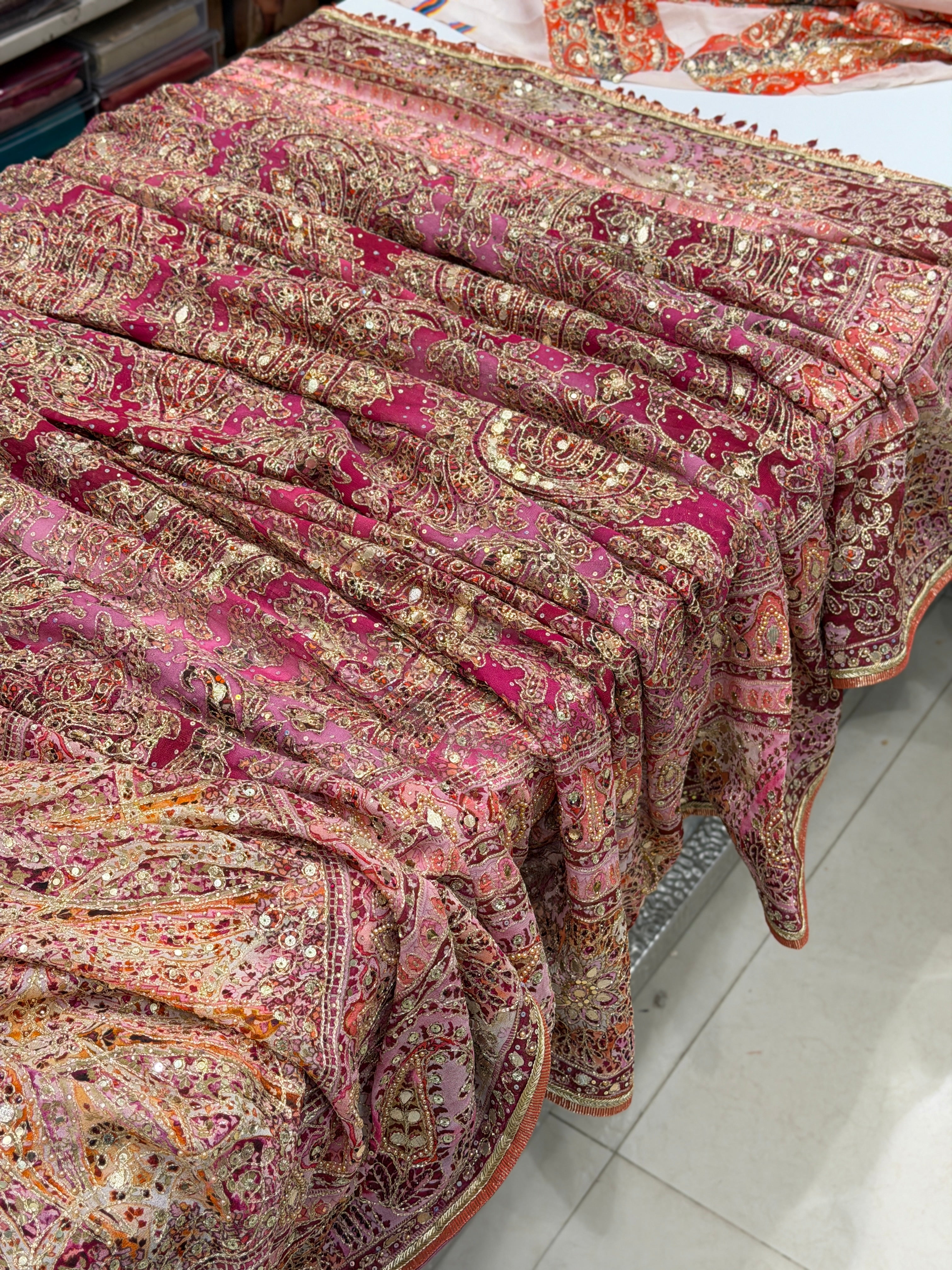 Pink Kashida Keri TT inspired Banarasi Crepe Hand Embroidery Saree