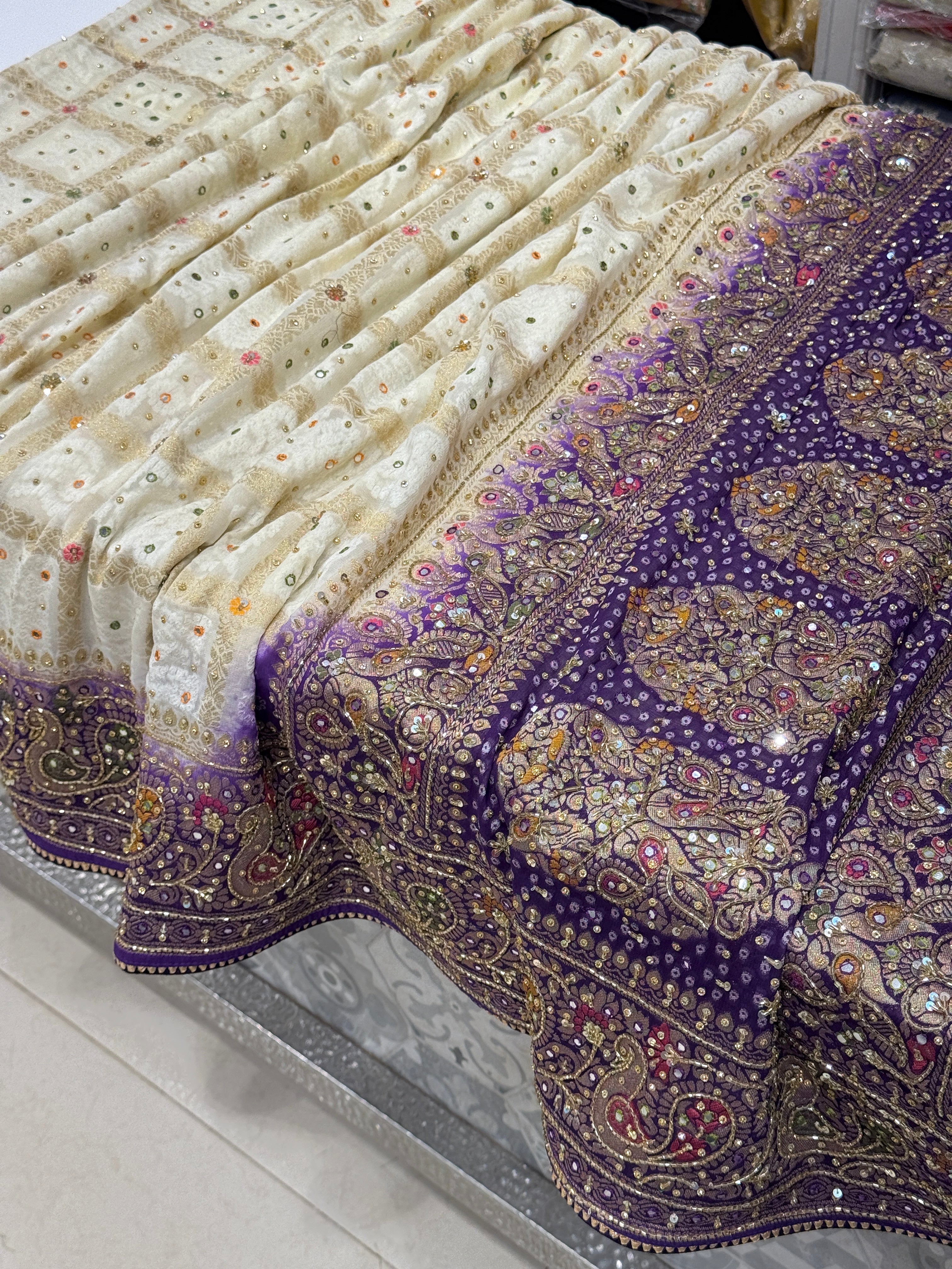 Beige Violet Gharchola Hand Embroidery Saree