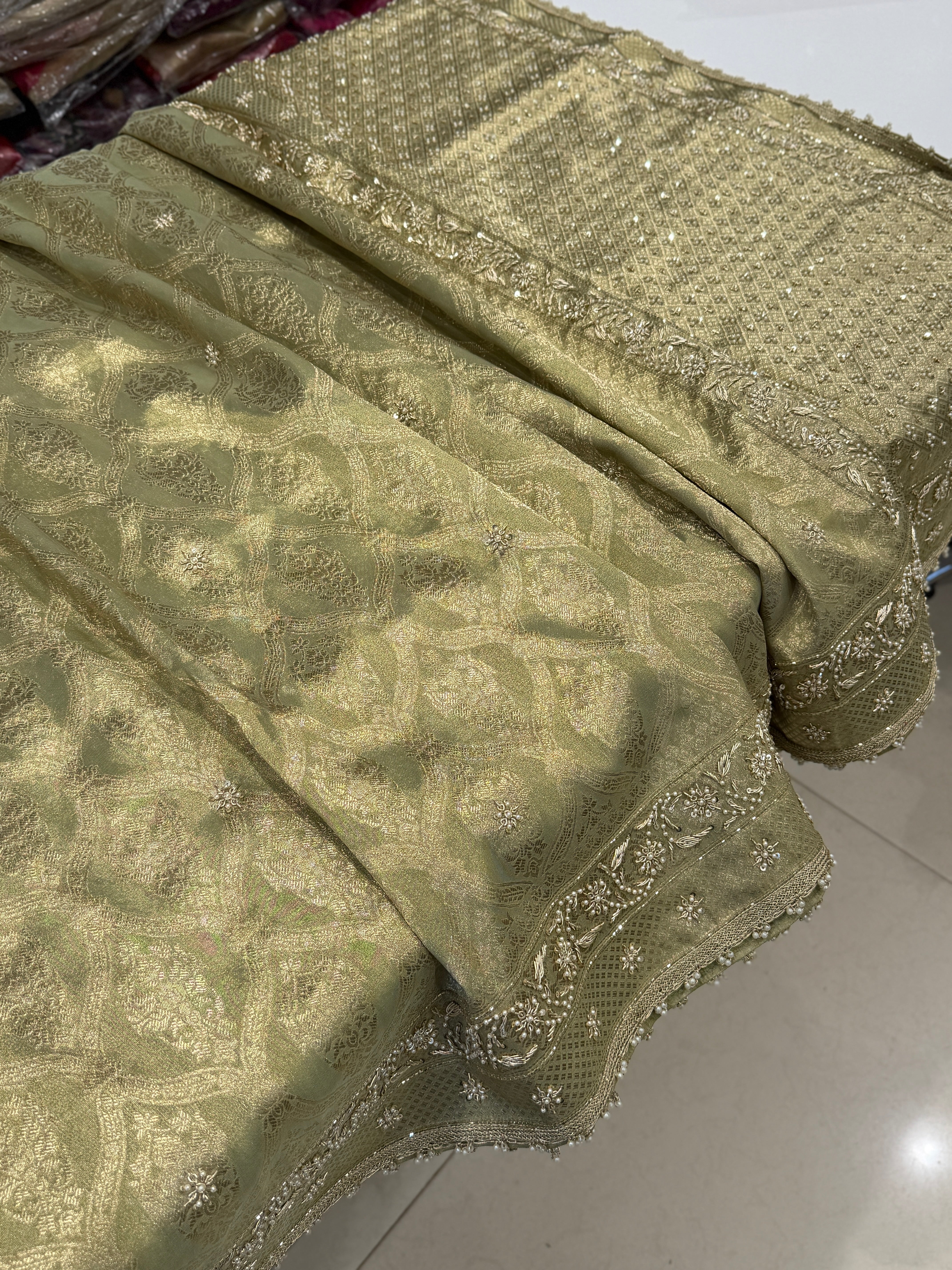 Pista Green Tissue Crown Jaal Hand Embroidery Zardosi gota Saree