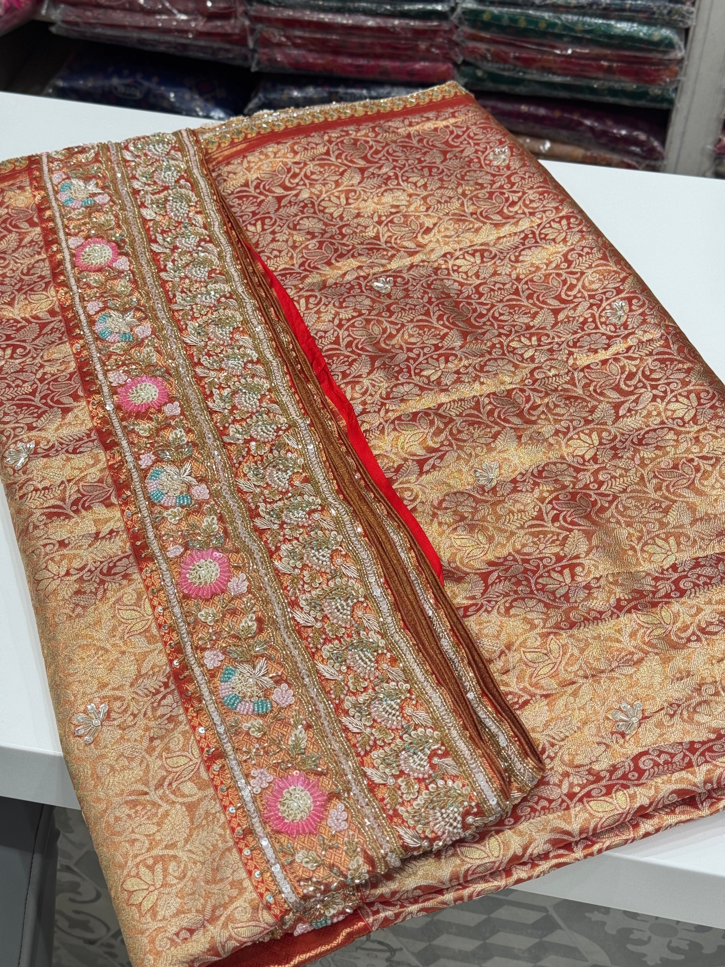 Red Tissue Kanjivaram Hand Embroidery Saree