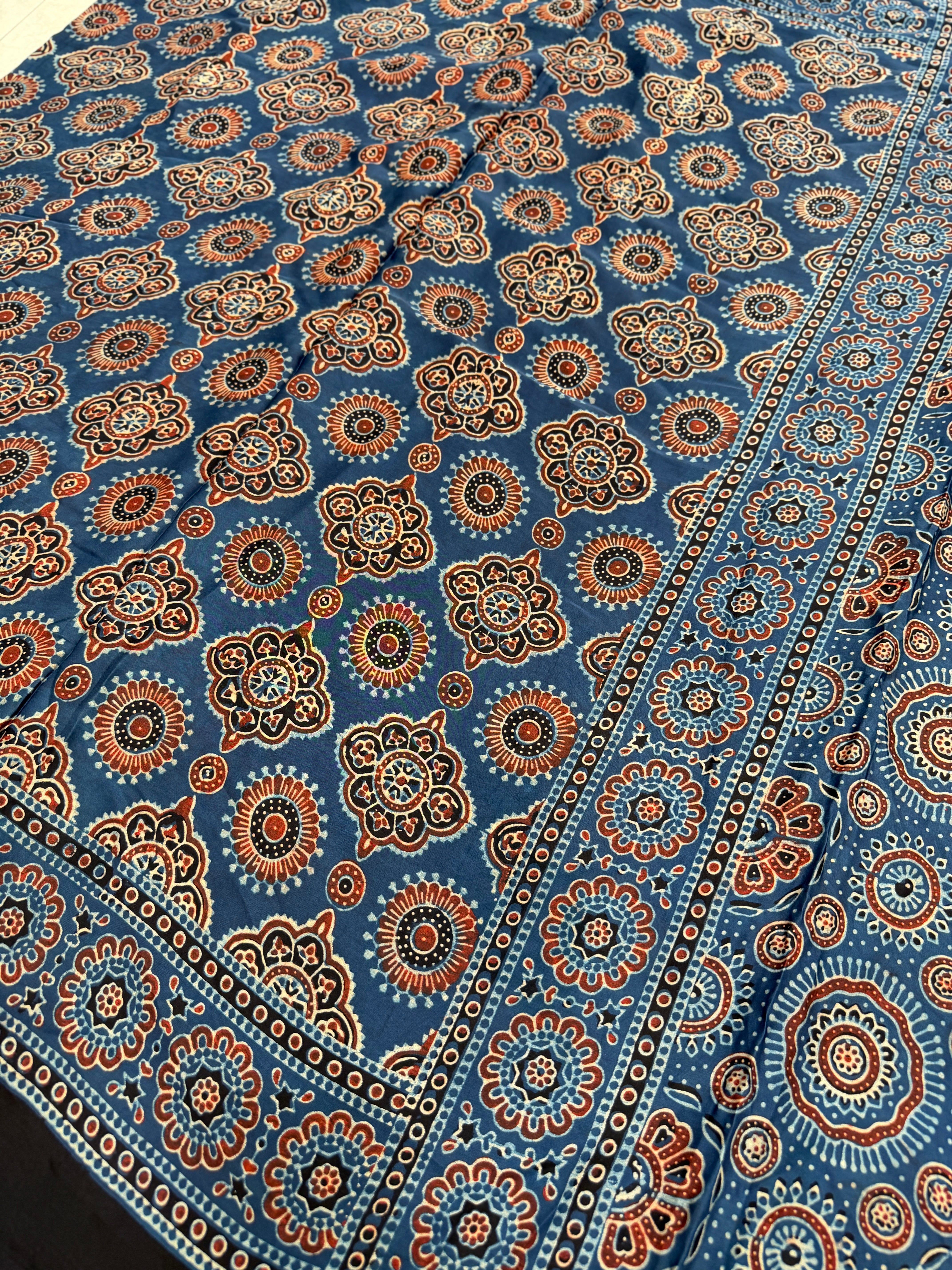 Blue Badam Jaal Ajrakh Hand Block Print Pure Gajji Silk Saree