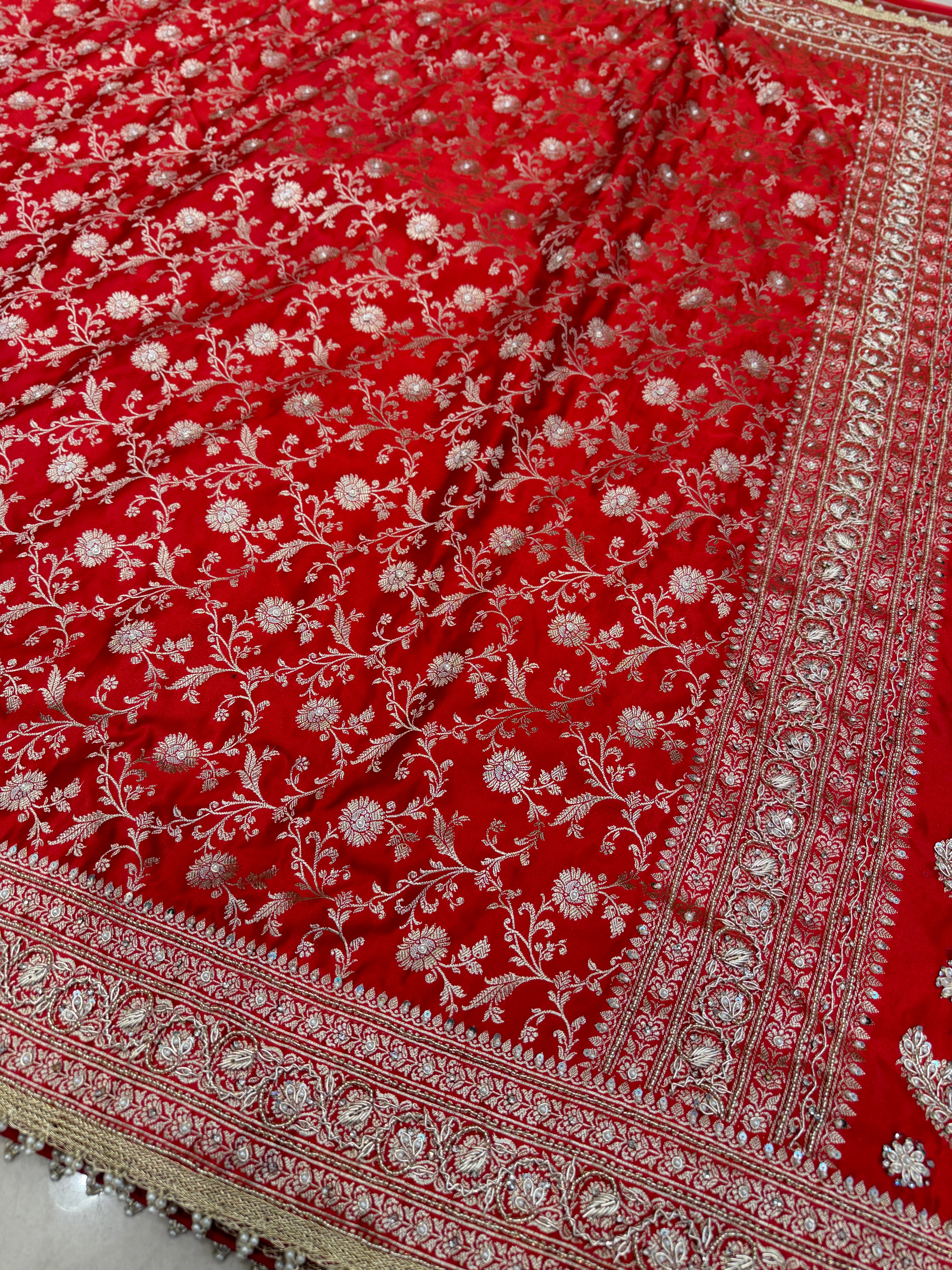 Red Banarasi Sona Roopa Jaal Zardosi Hand Embroidery Saree