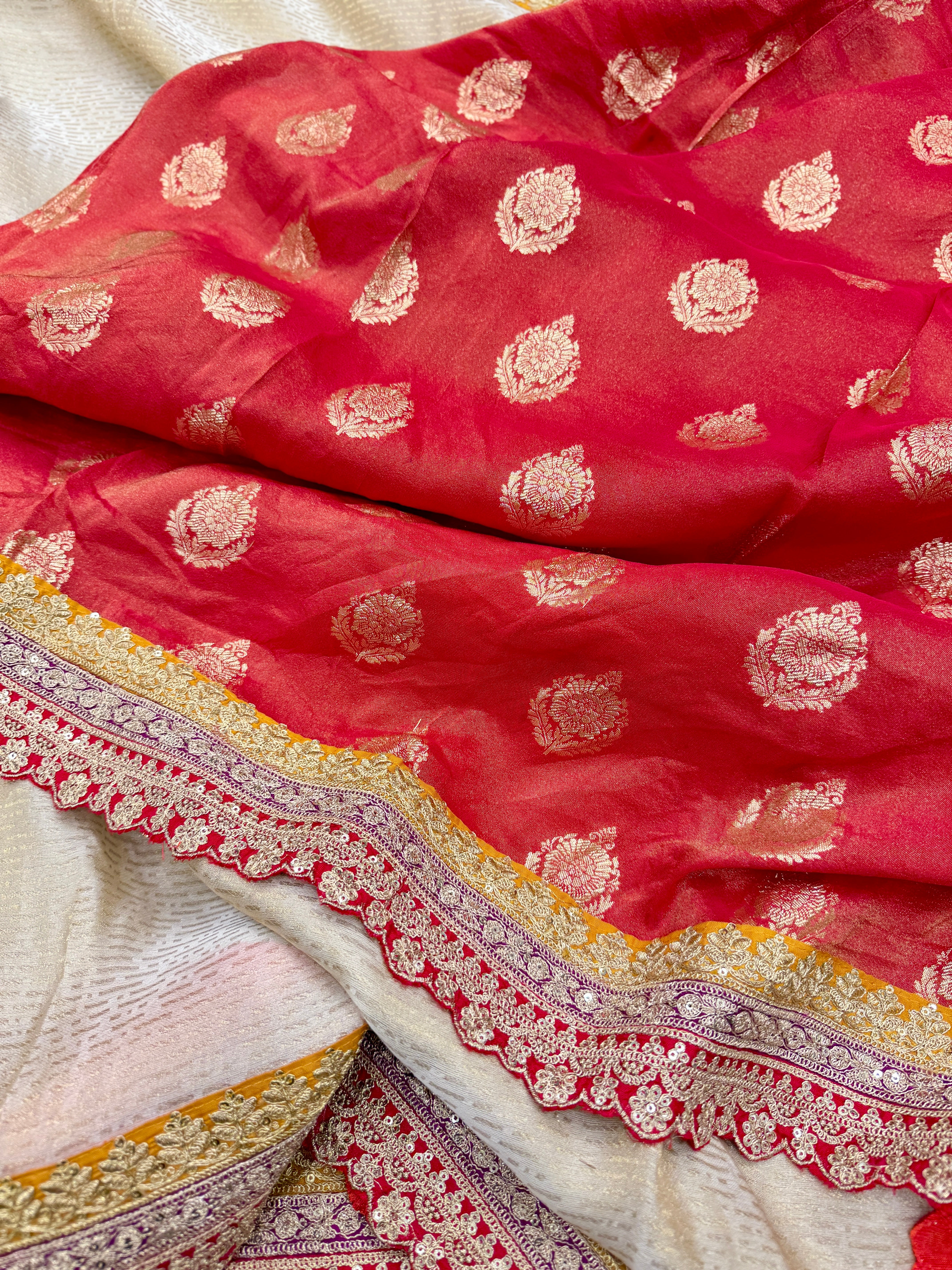 Crepe Tissue Weaved Contemporary Sabyasachi Inspired Red Border Saree