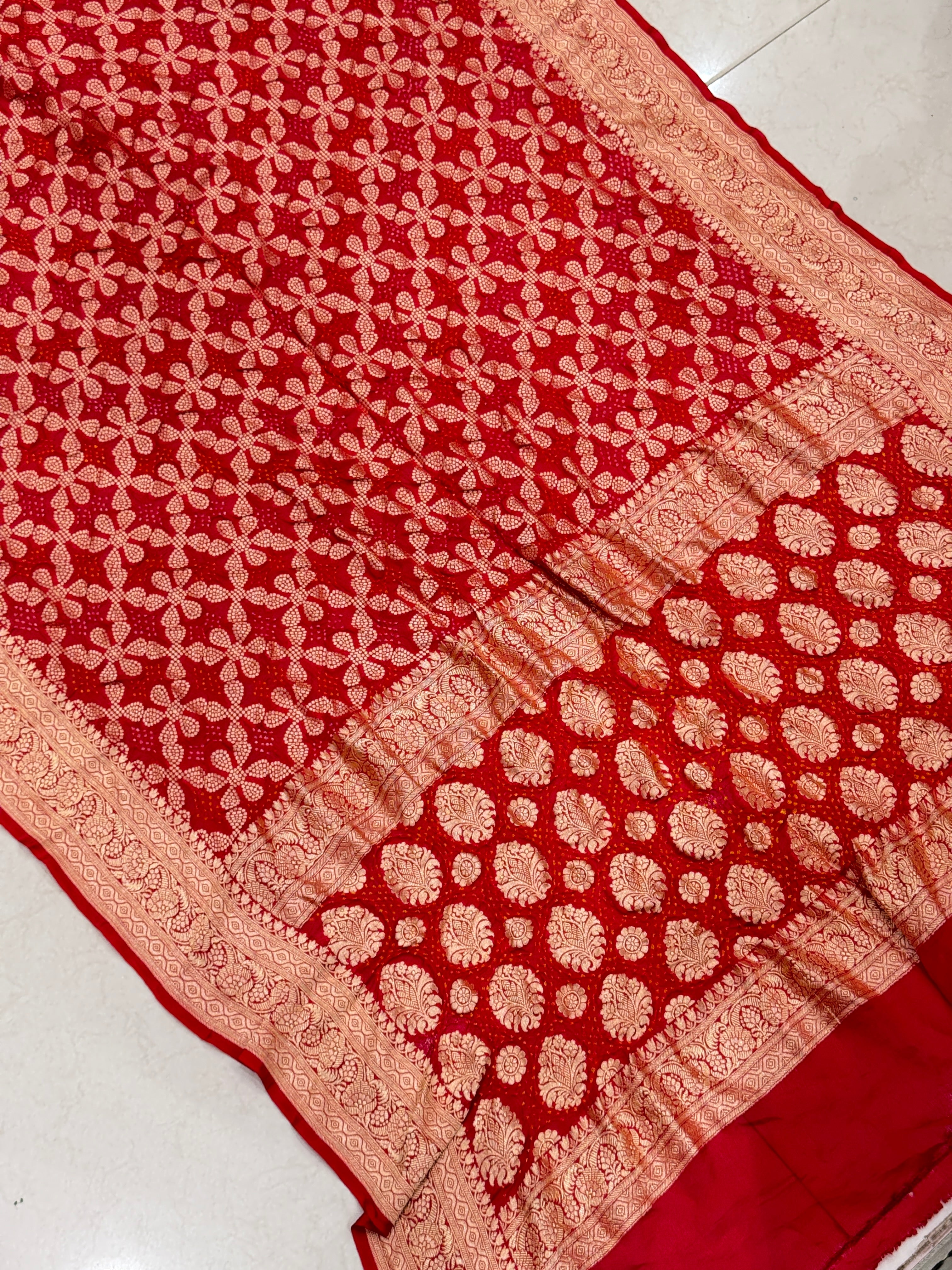 Red Five Petals Bandhej Bandhini Saree