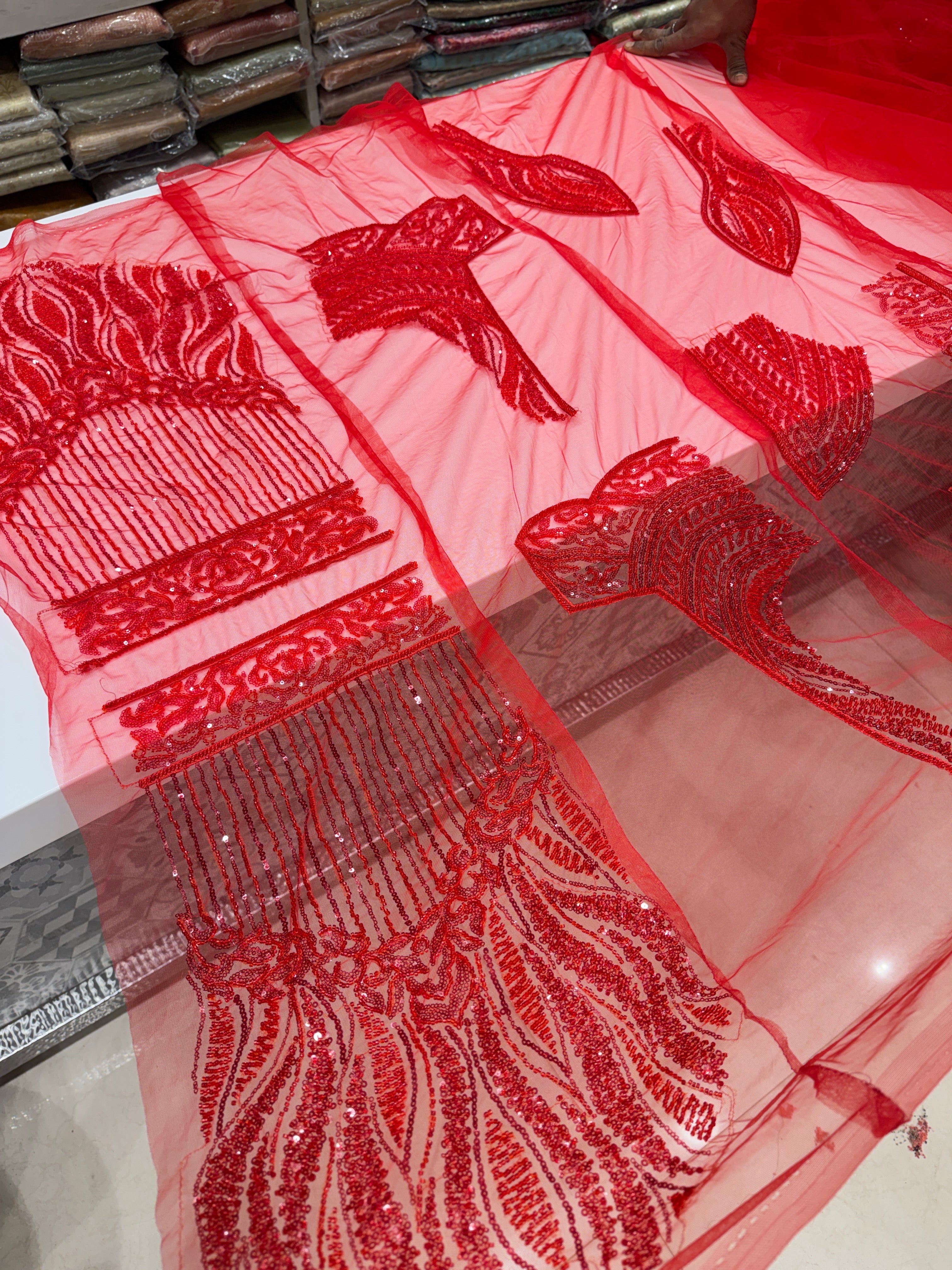 Red on Red Soft Net Moti Sequin Embroidery Saree