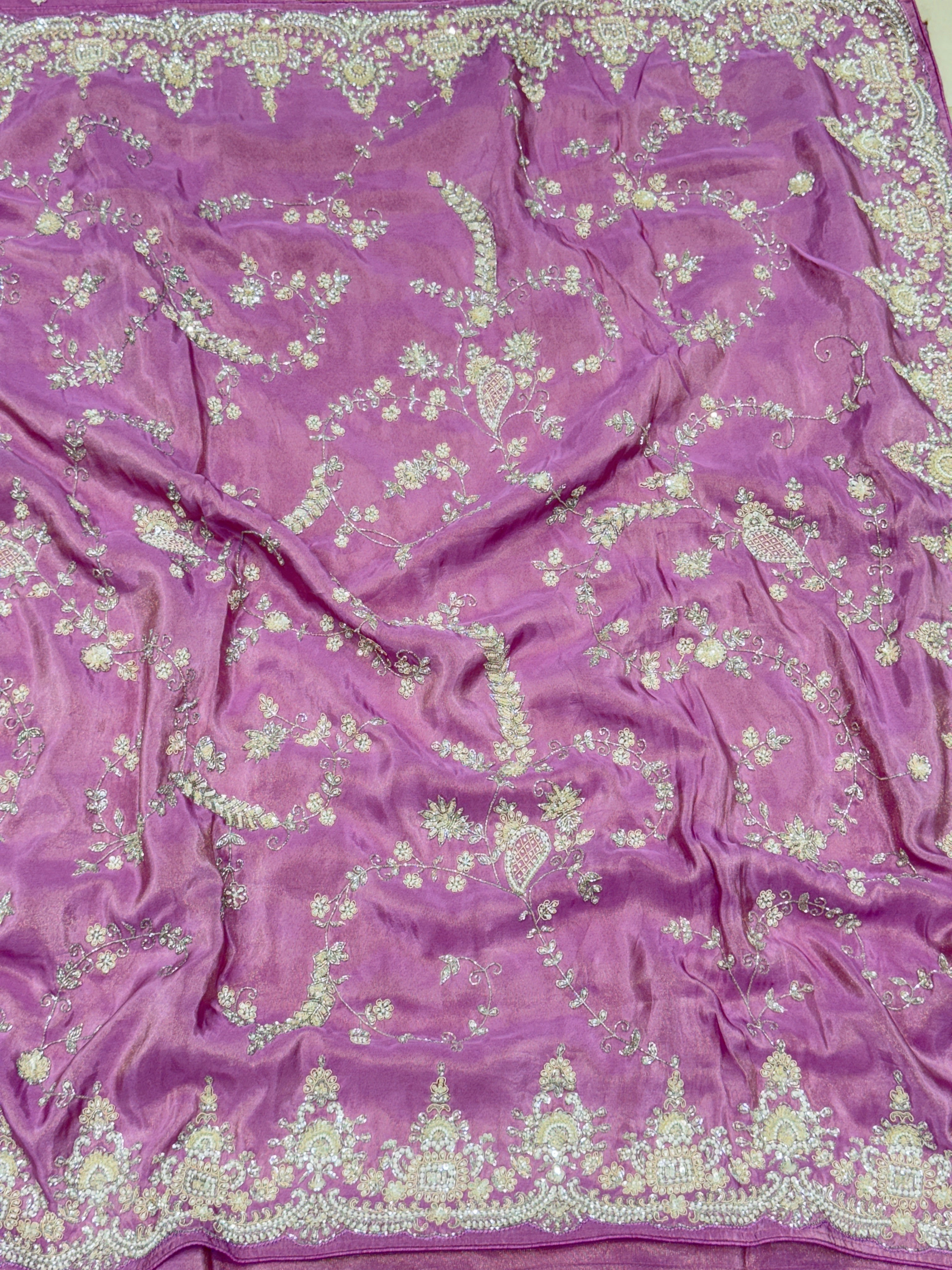 Lilac Crepe Tissue Cutana Moti Jaal Hand Embroidery Saree