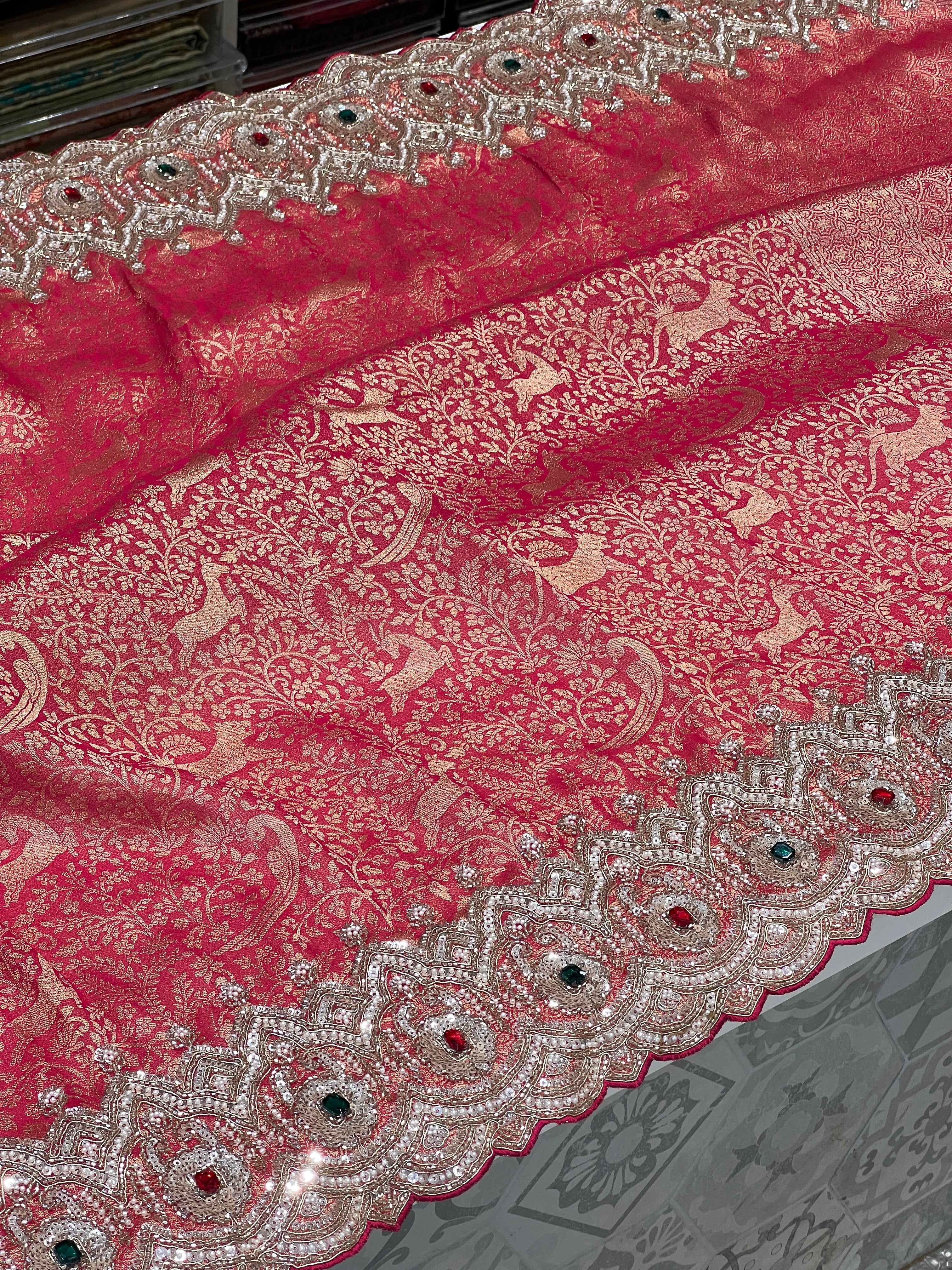 Reddish Rani Tissue Crepe Shikara Style Weave Crystal Embroidery Saree