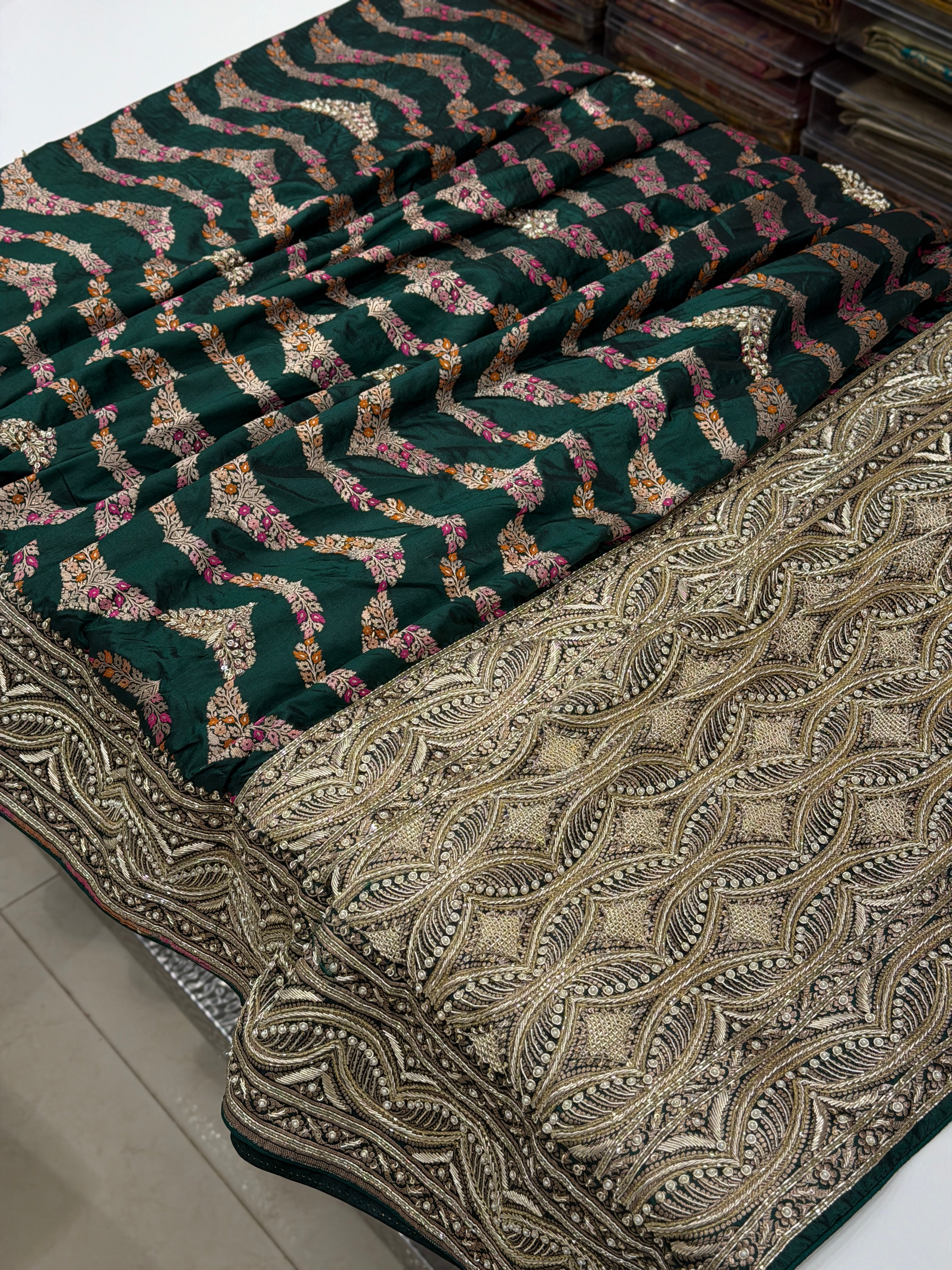 Bottle Green Meenakari Handloom Banarasi Katan Silk Zardosi Hand Embroidery Saree