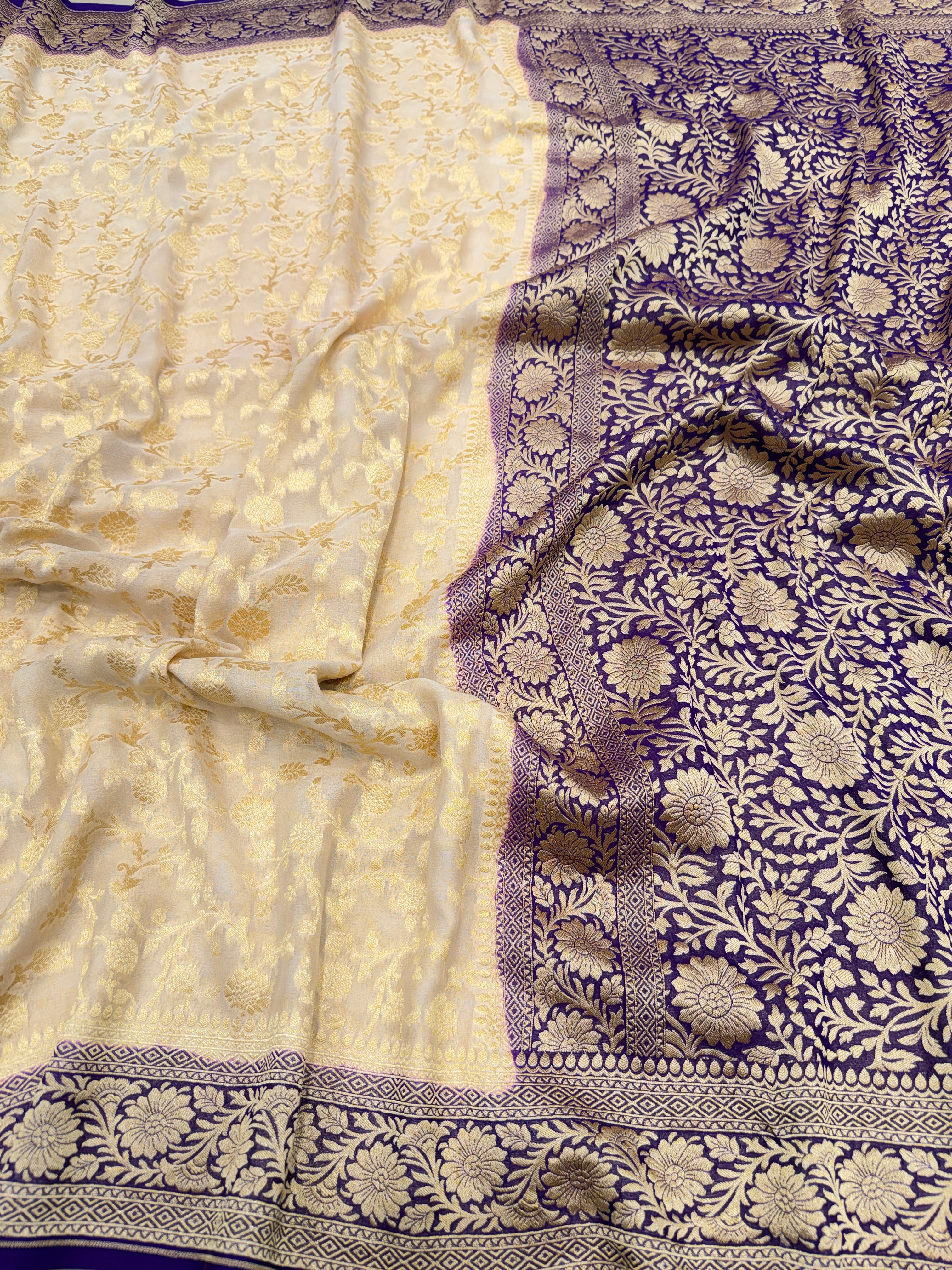 Beige Violet Mughal Jaal Handloom Banarasi Khaddi Georgette Saree