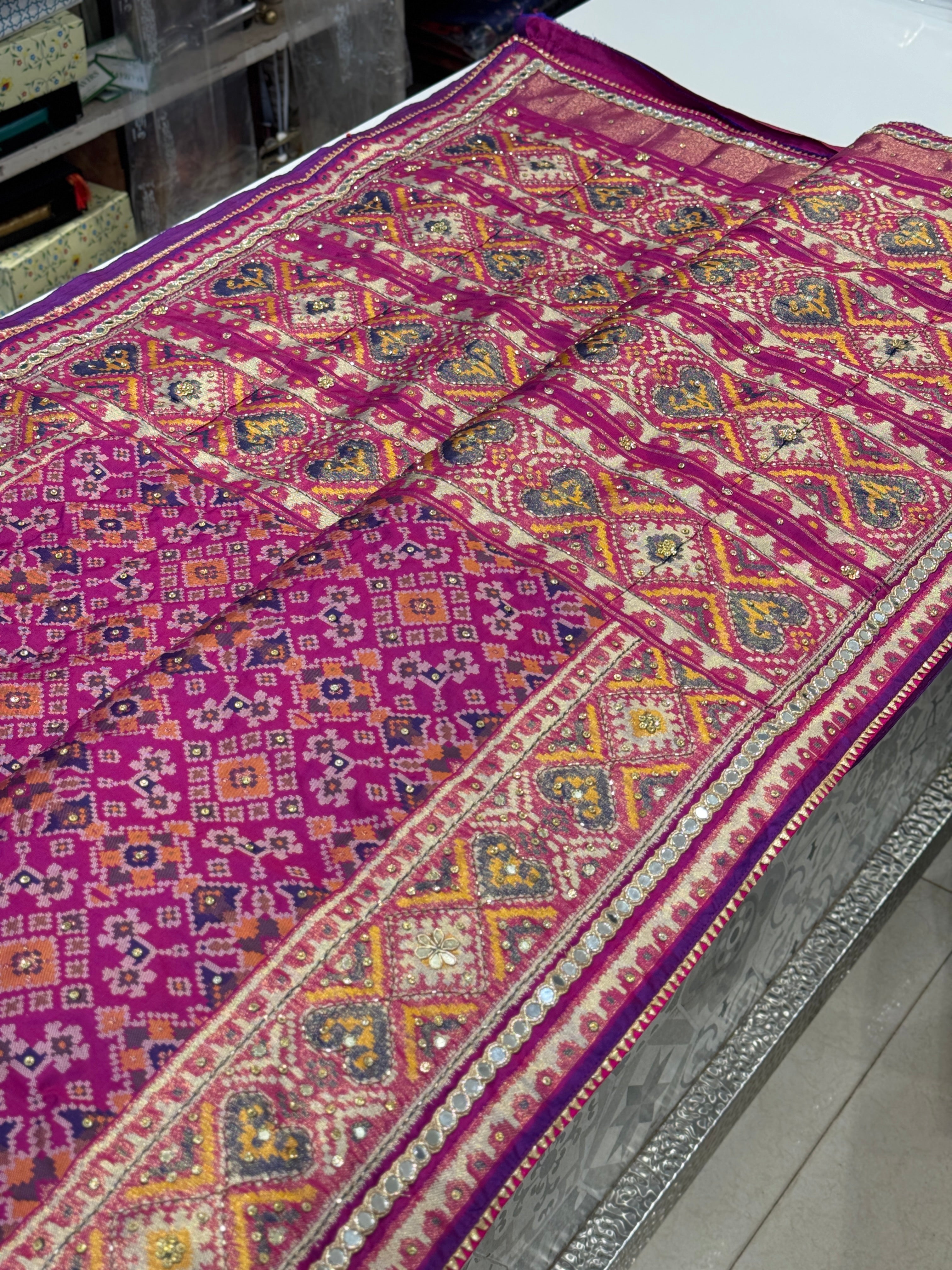 Purple Patola Hand Embroidery Saree with Real Mirrors