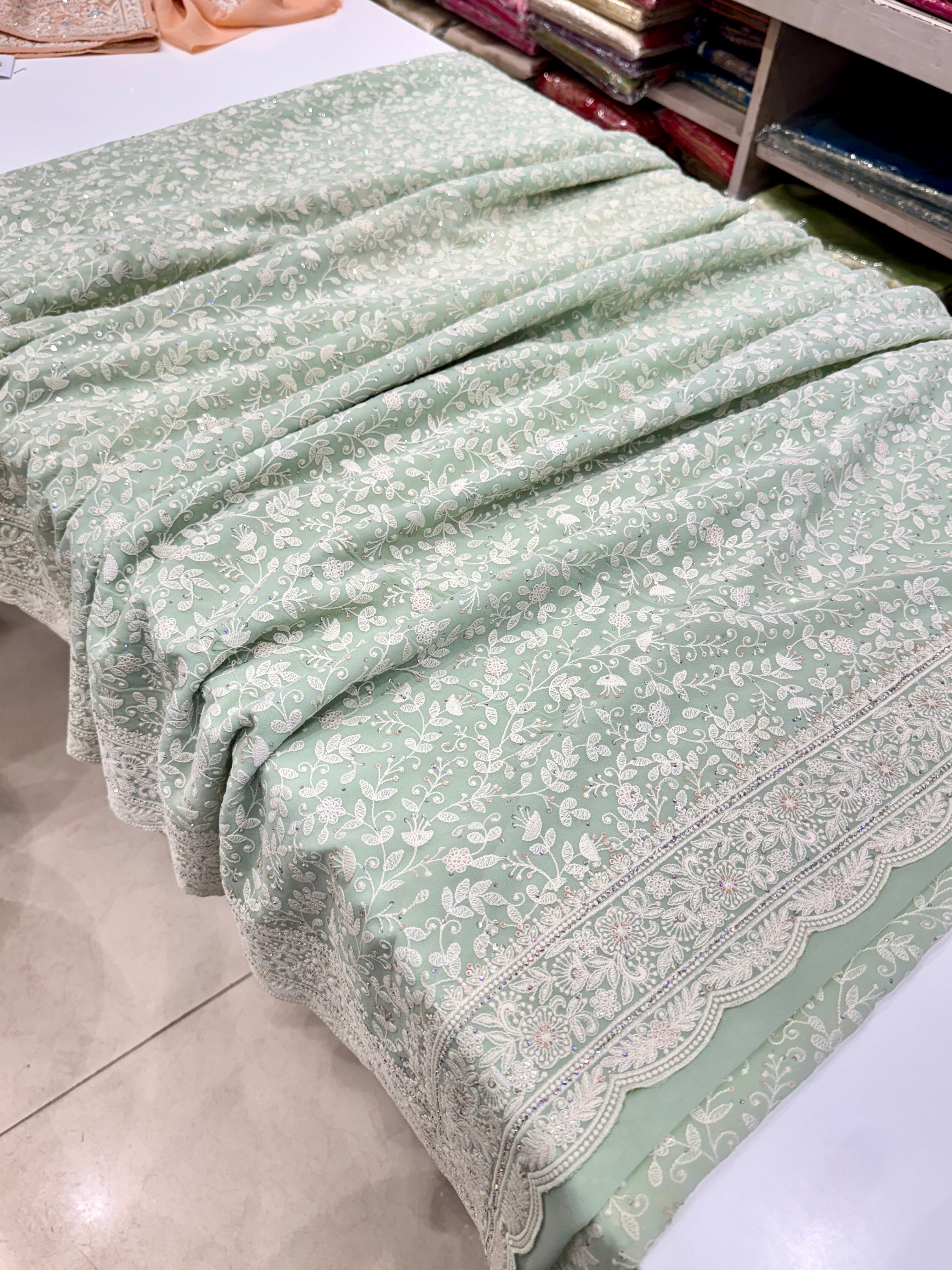 Pista Green Chikankari Scallop Design Saree