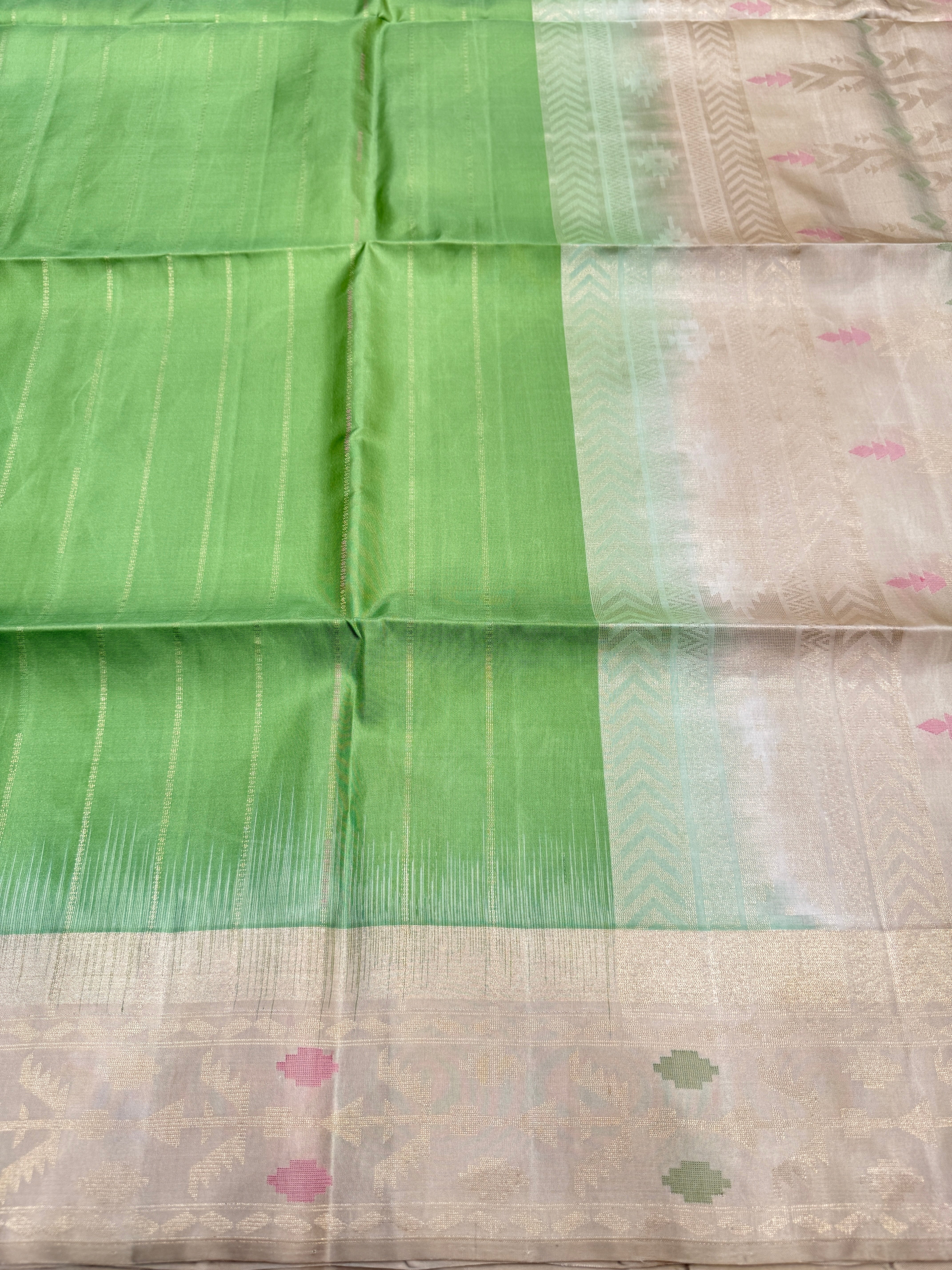 Pista Green Beige Contemporary Handloom Kanchipuram Pure Silk Saree