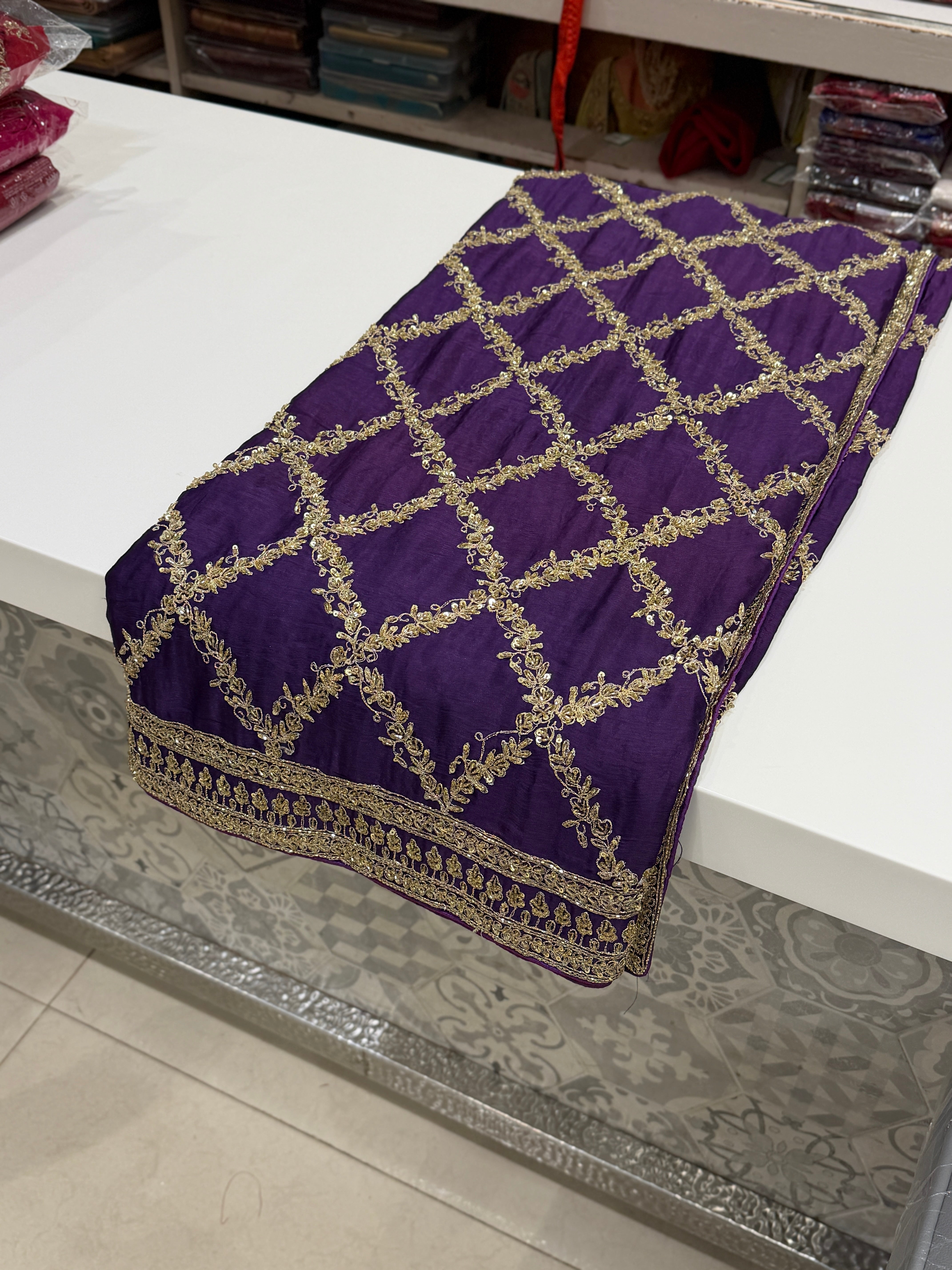 Violet Crepe Satin Sabyasachi Inspired Zardosi Jaal Embroidery Saree