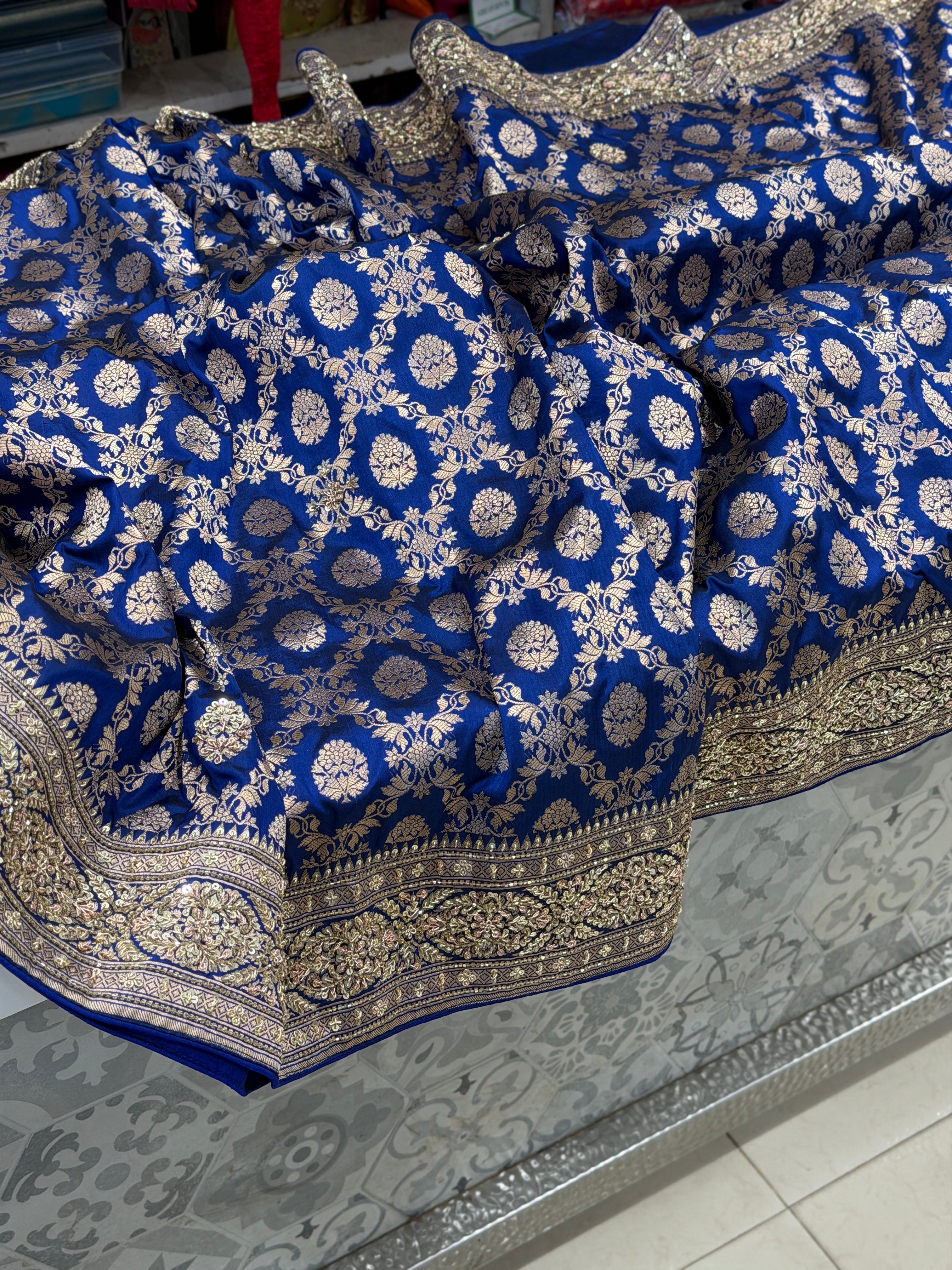 Blue Handloom Banarasi Katan Zardosi Hand Embroidery