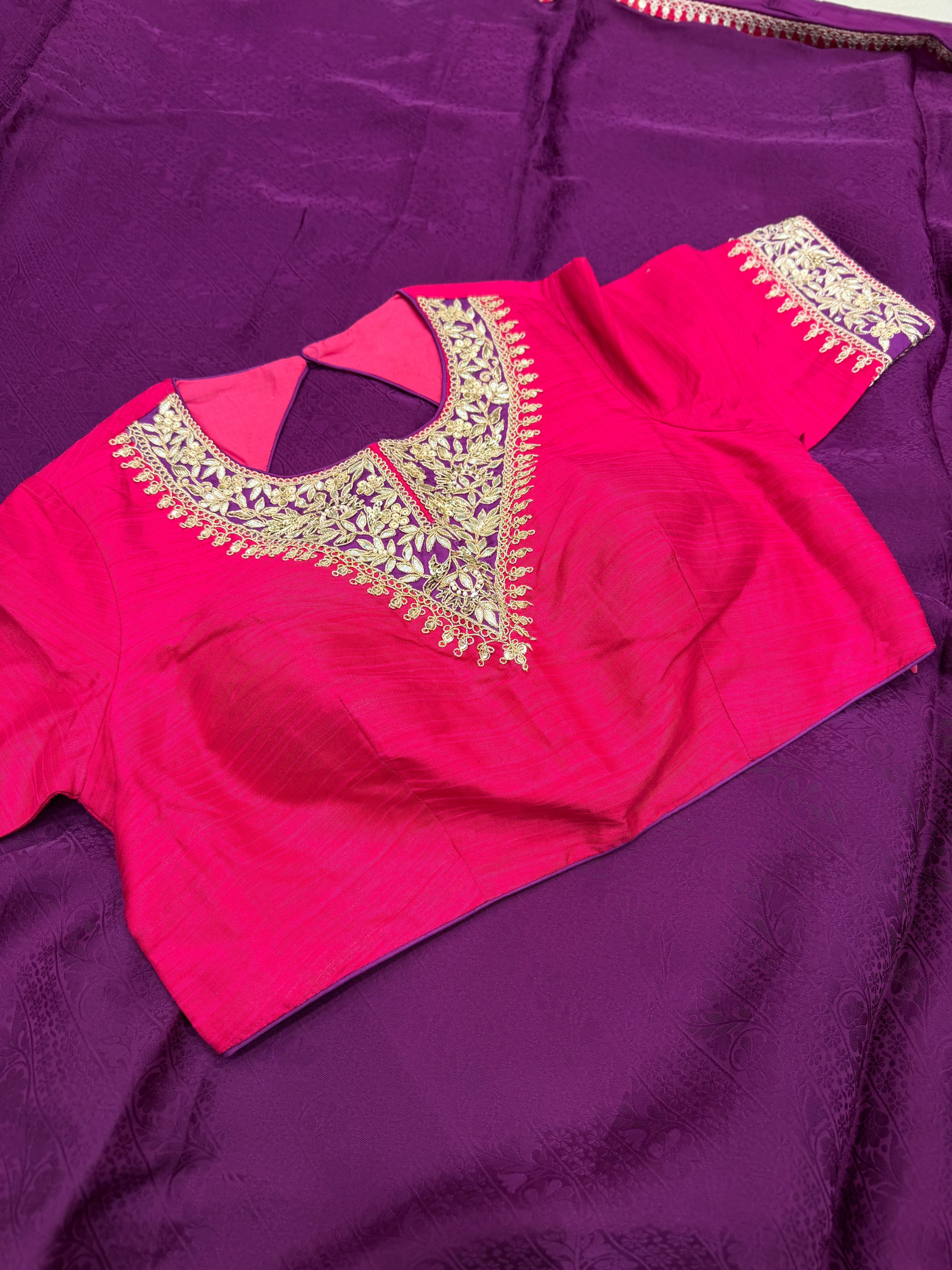 Violet Jaquard Crepe Saree with Gotapatti Marodi Stitched Blouse