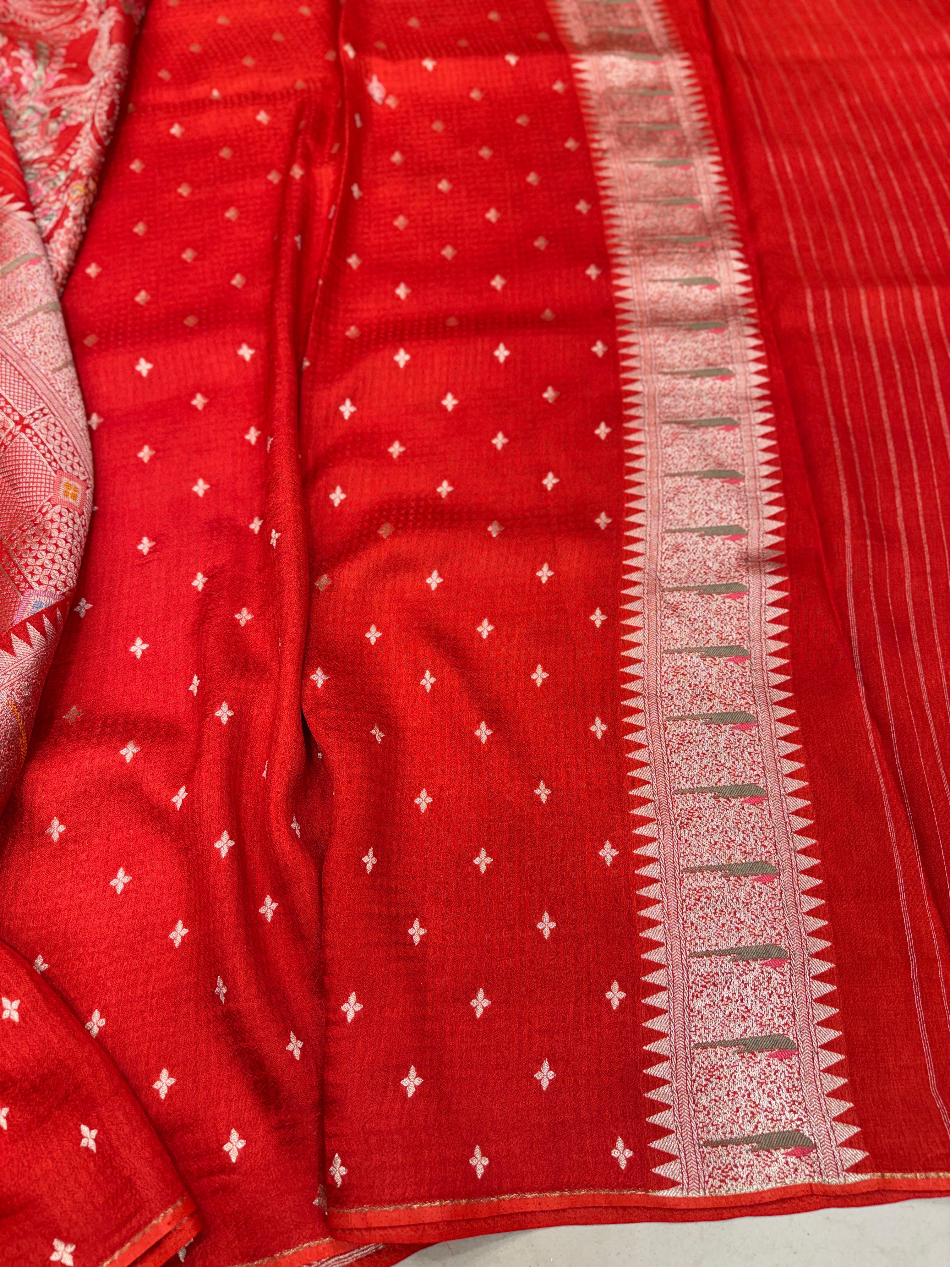 Red Banarasi Munga Tissue Meenakari Saree