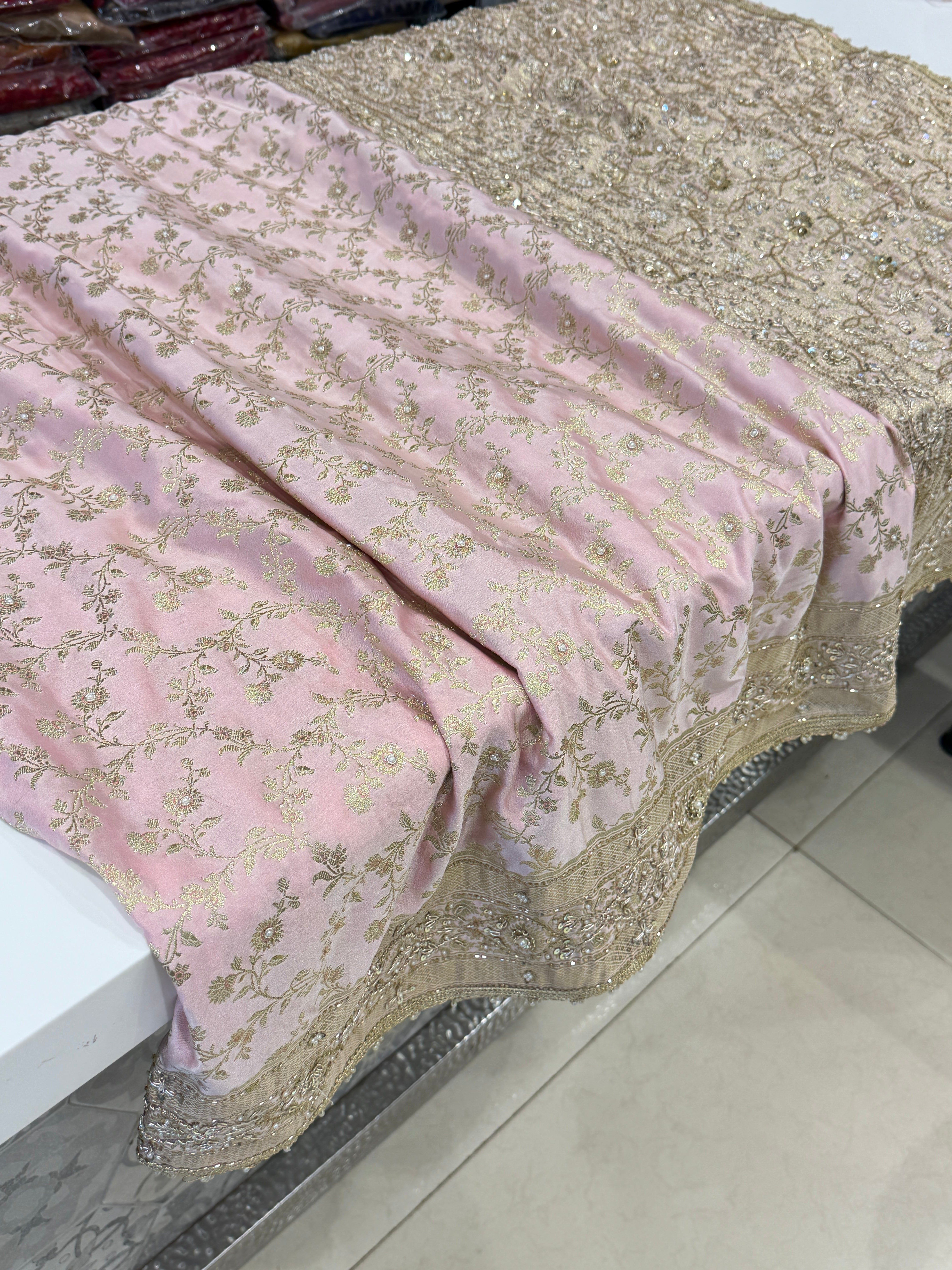 Light Pink Banarasi Flower Border Zardosi Hand Embroidery Saree