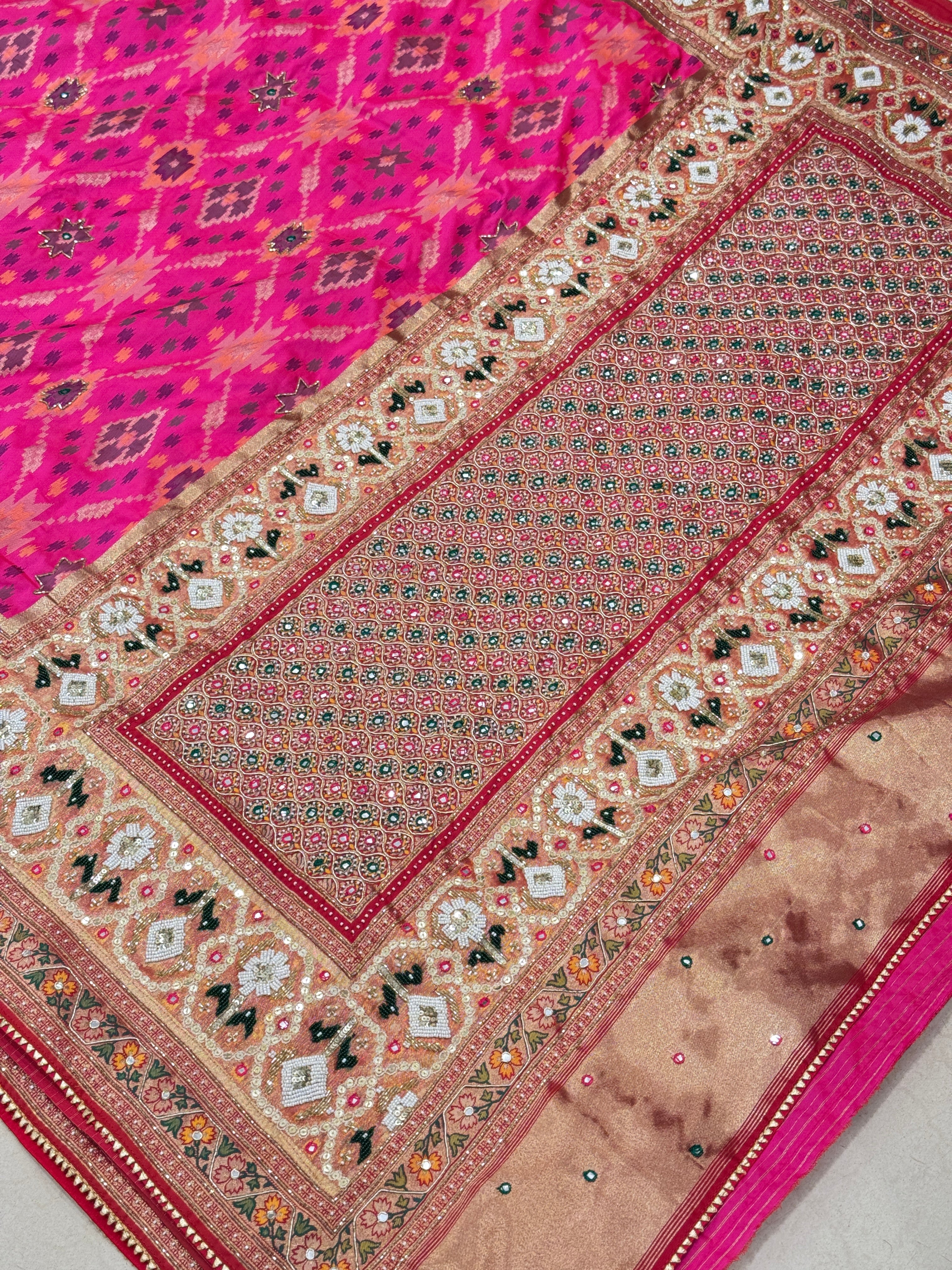 Rani Patola Kutchi Moti Embroidery Saree