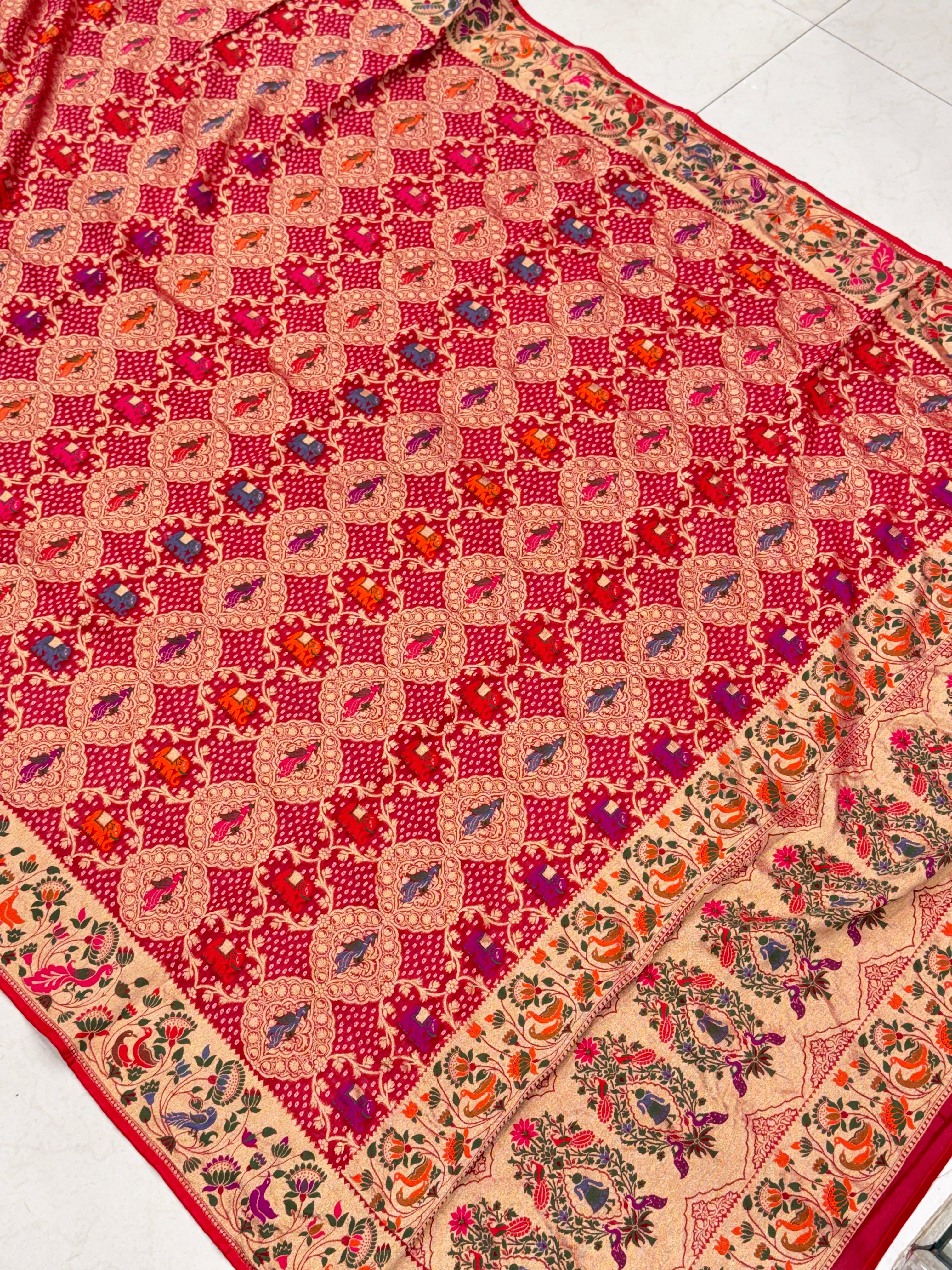 Red Woven Bandhej Dupatta Meenakari Peacock Motif