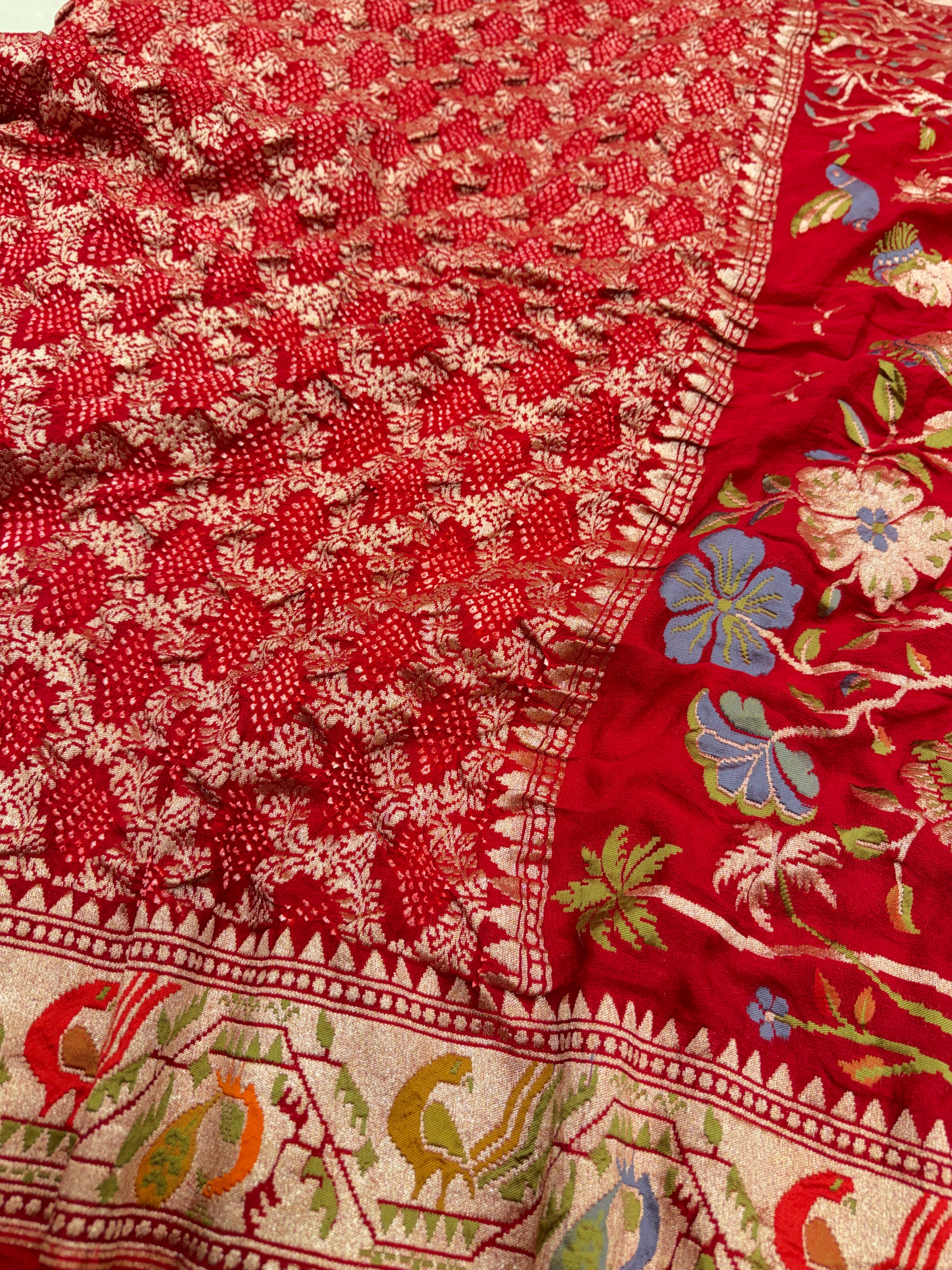 Red Meenakari Border Paithani Style Pure Handloom Bandhej Georgette Saree