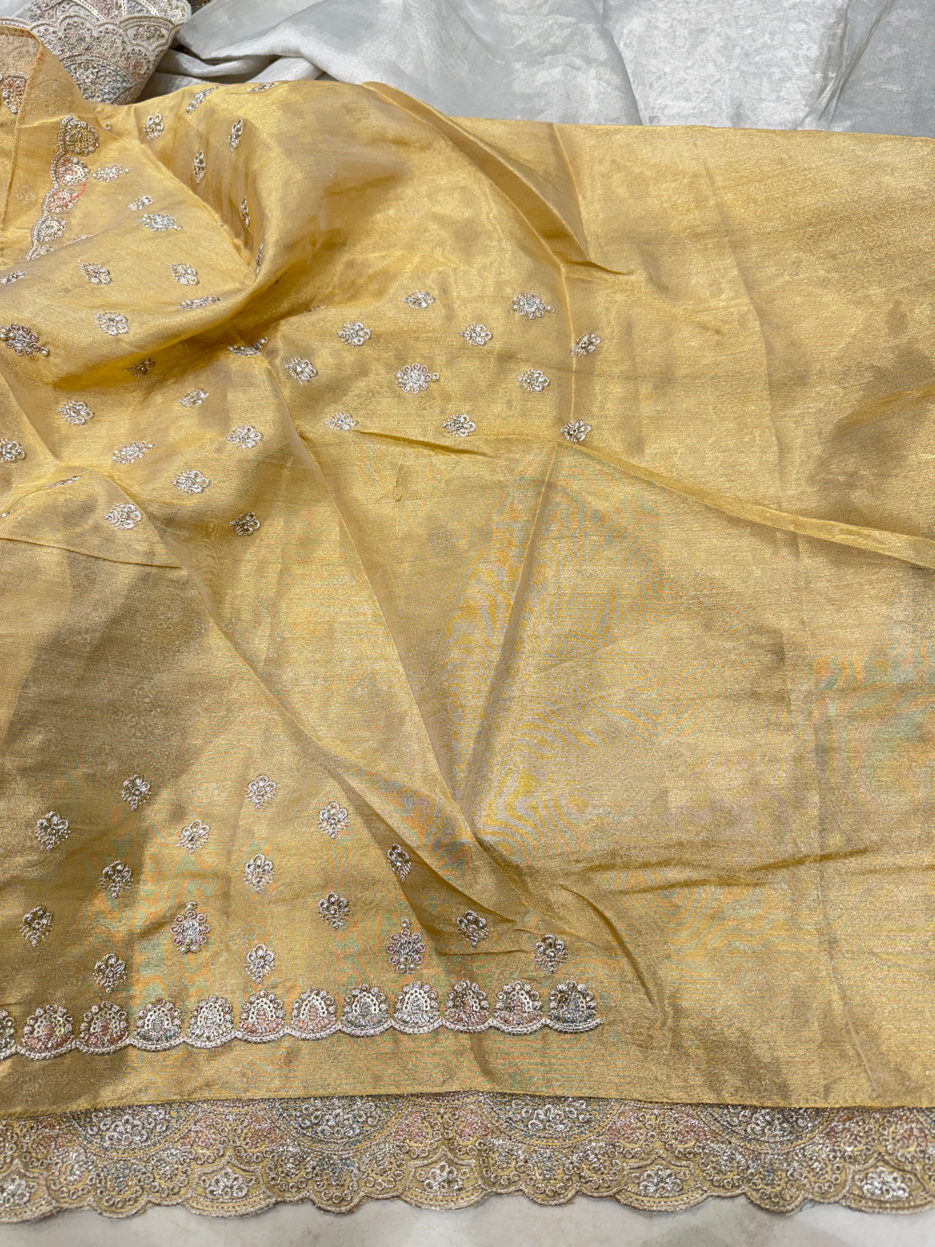 Golden Silver Soft Tissue Pita Double Scallop Embroidery Saree