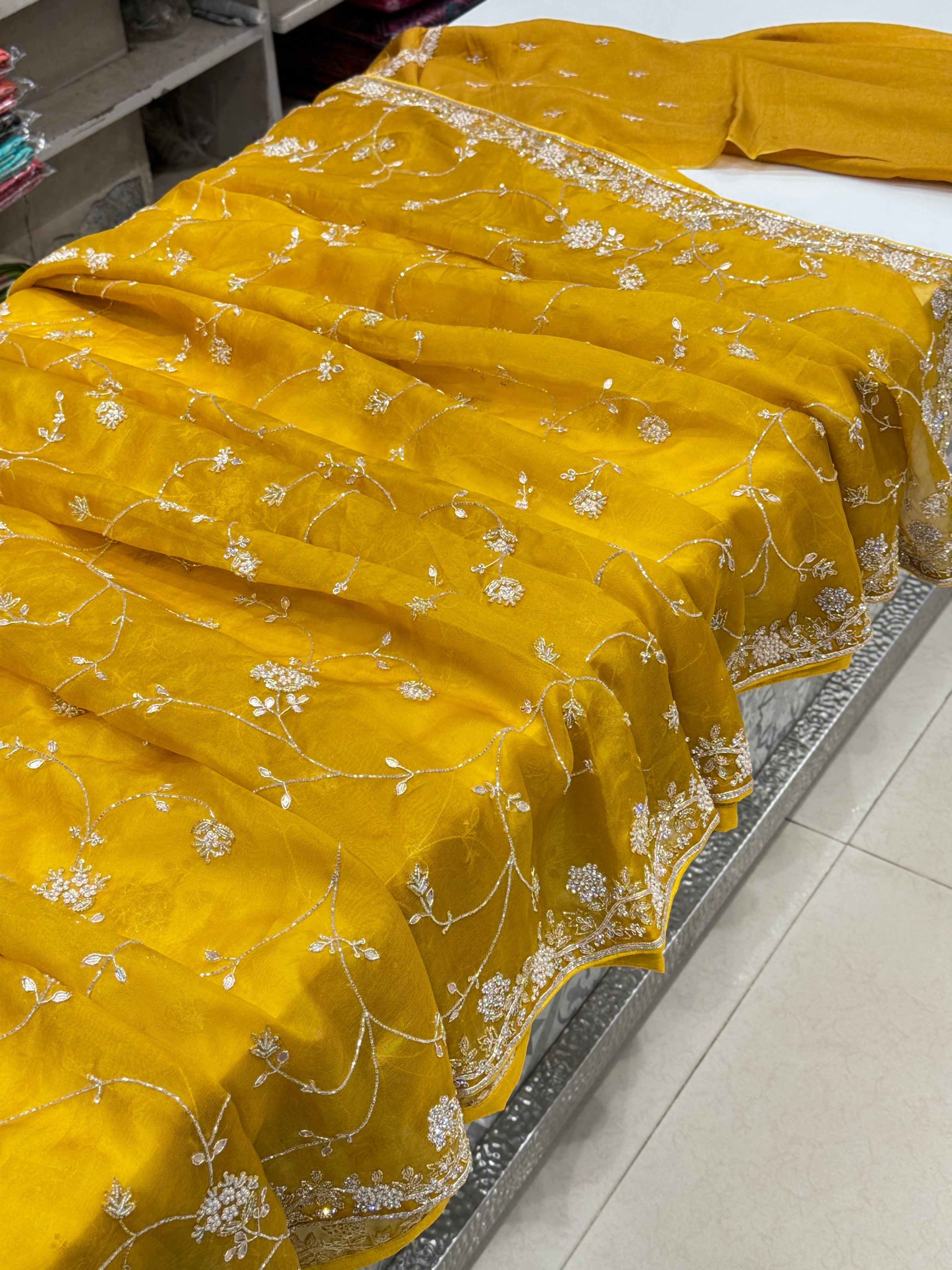 Mustard Yellow Pure Organza Saree