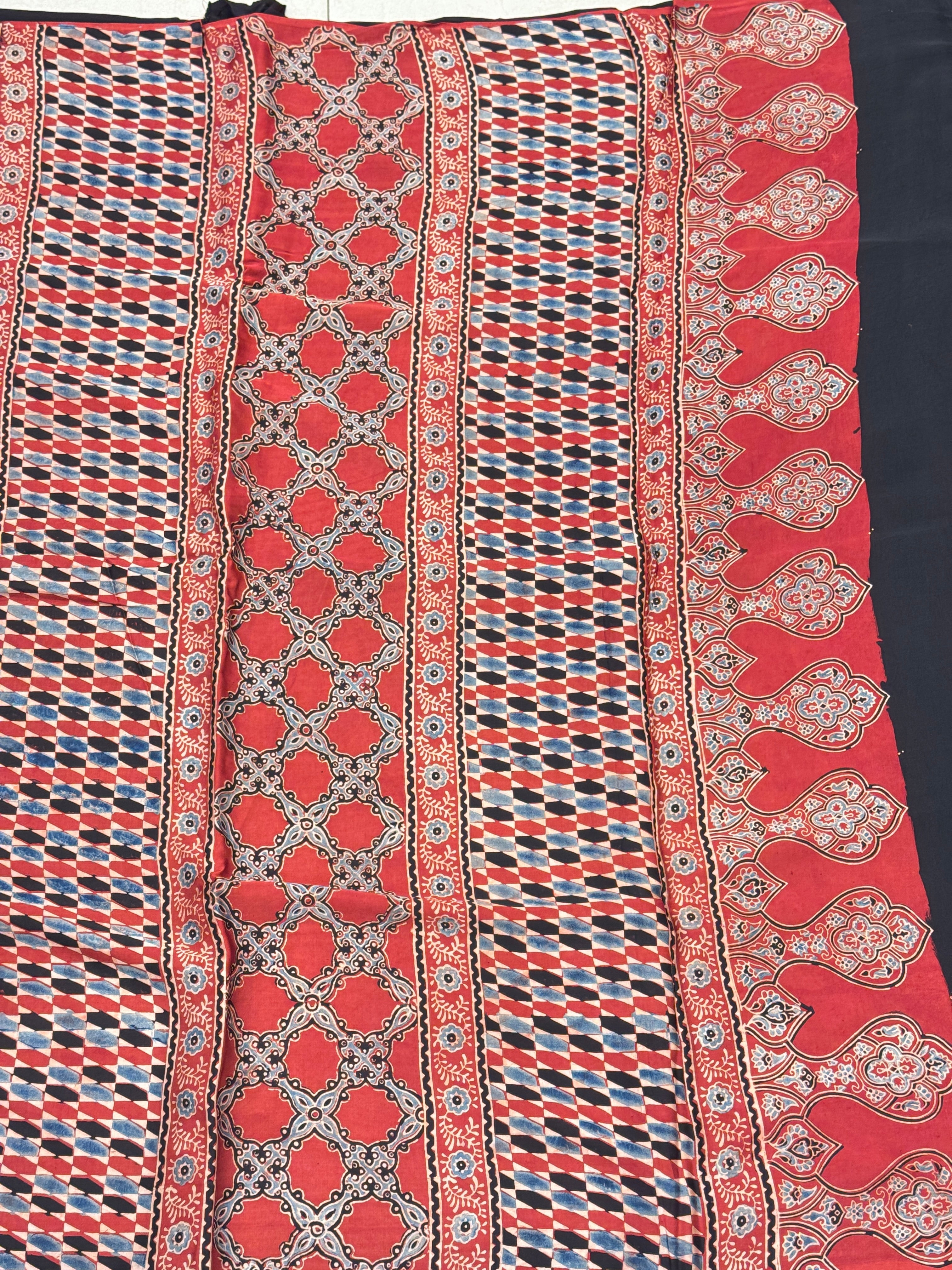 Red Block Print Contemporary Ajrakh Saree