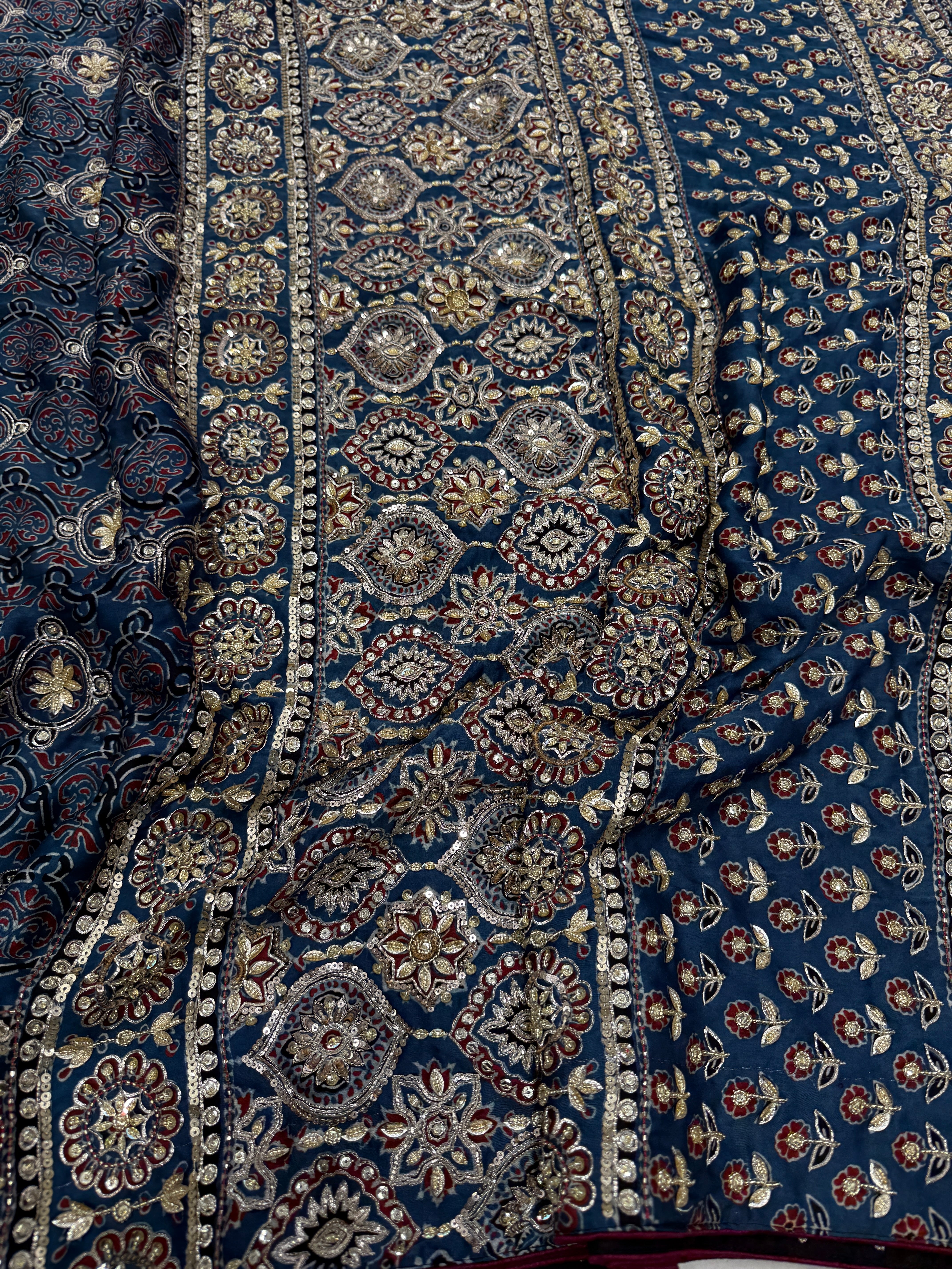 Blue Badam Jaal Pita Zardosi Sequin Ajrakh Hand Embroidery Saree