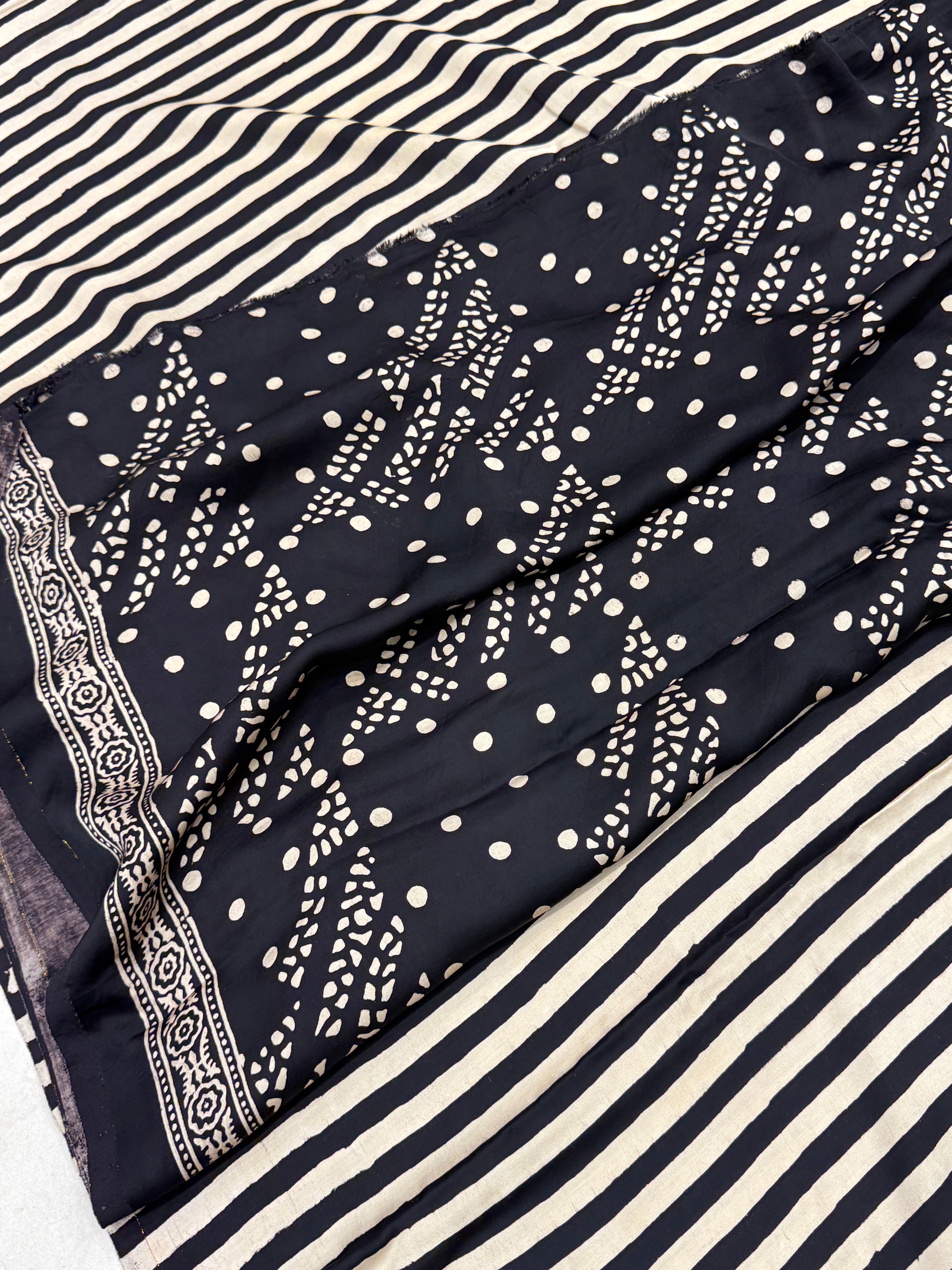 Black White Lines Contemporary Ajrakh Saree
