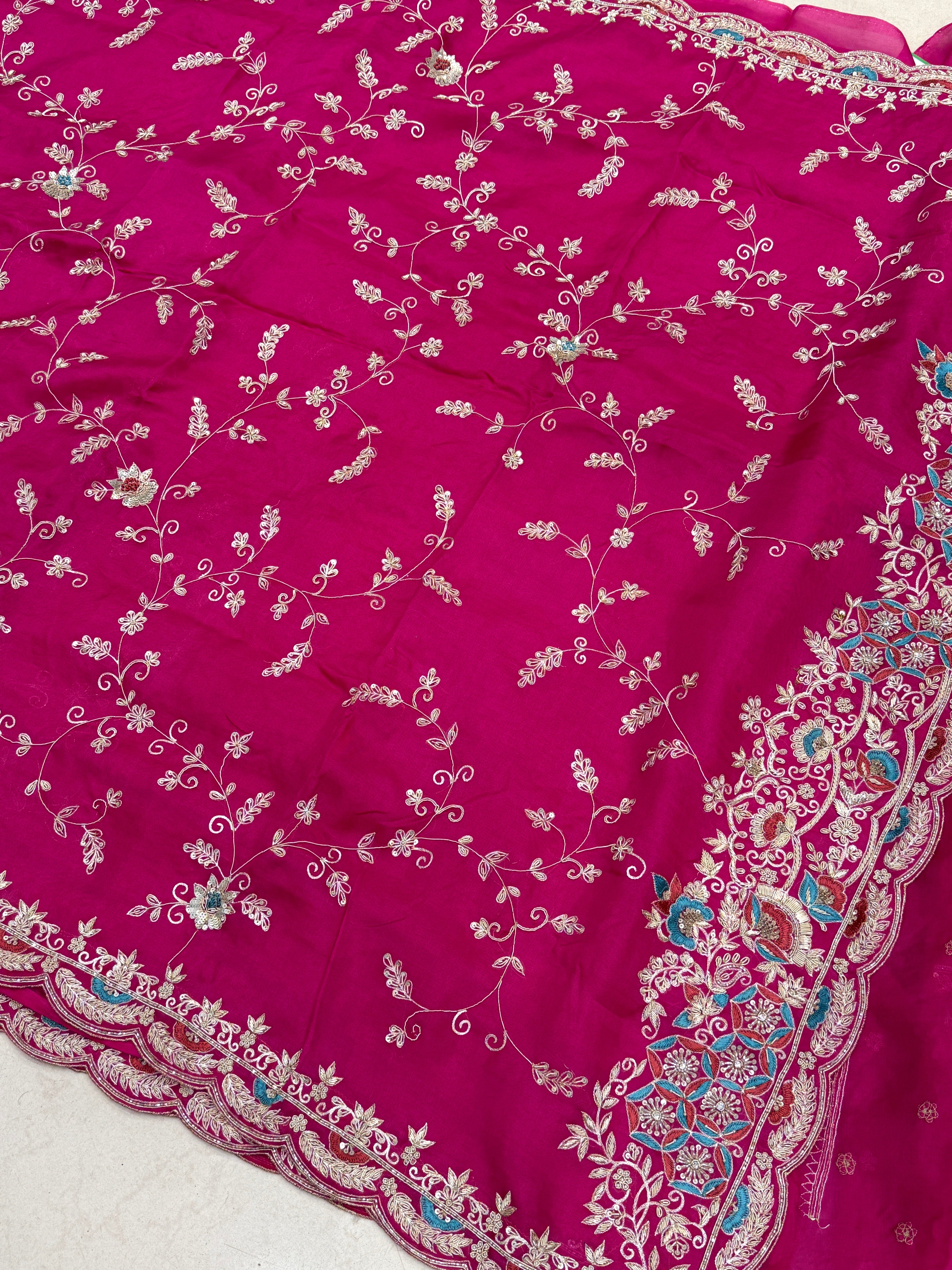 Rani Pink Organza Zardosi Resham Jaal Hand Embroidery Saree