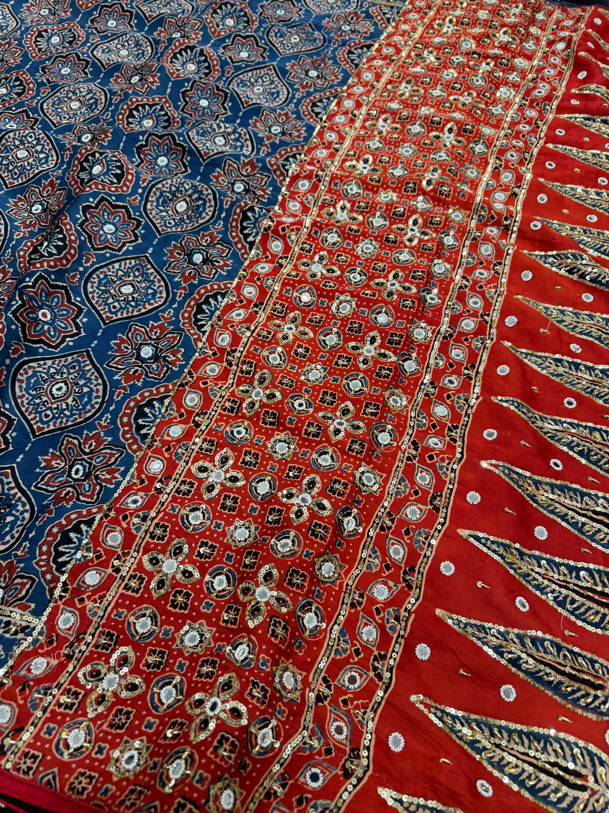 Blue Red Badam Jaal Ajrakh Real Mirror Moti Sequin Hand Embroidery Saree