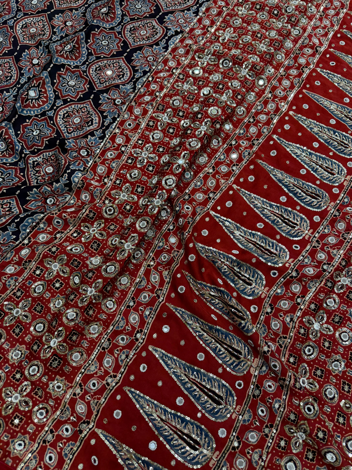 Black Red Badam Jaal Ajrakh Real Mirror Moti Sequin Hand Embroidery Saree