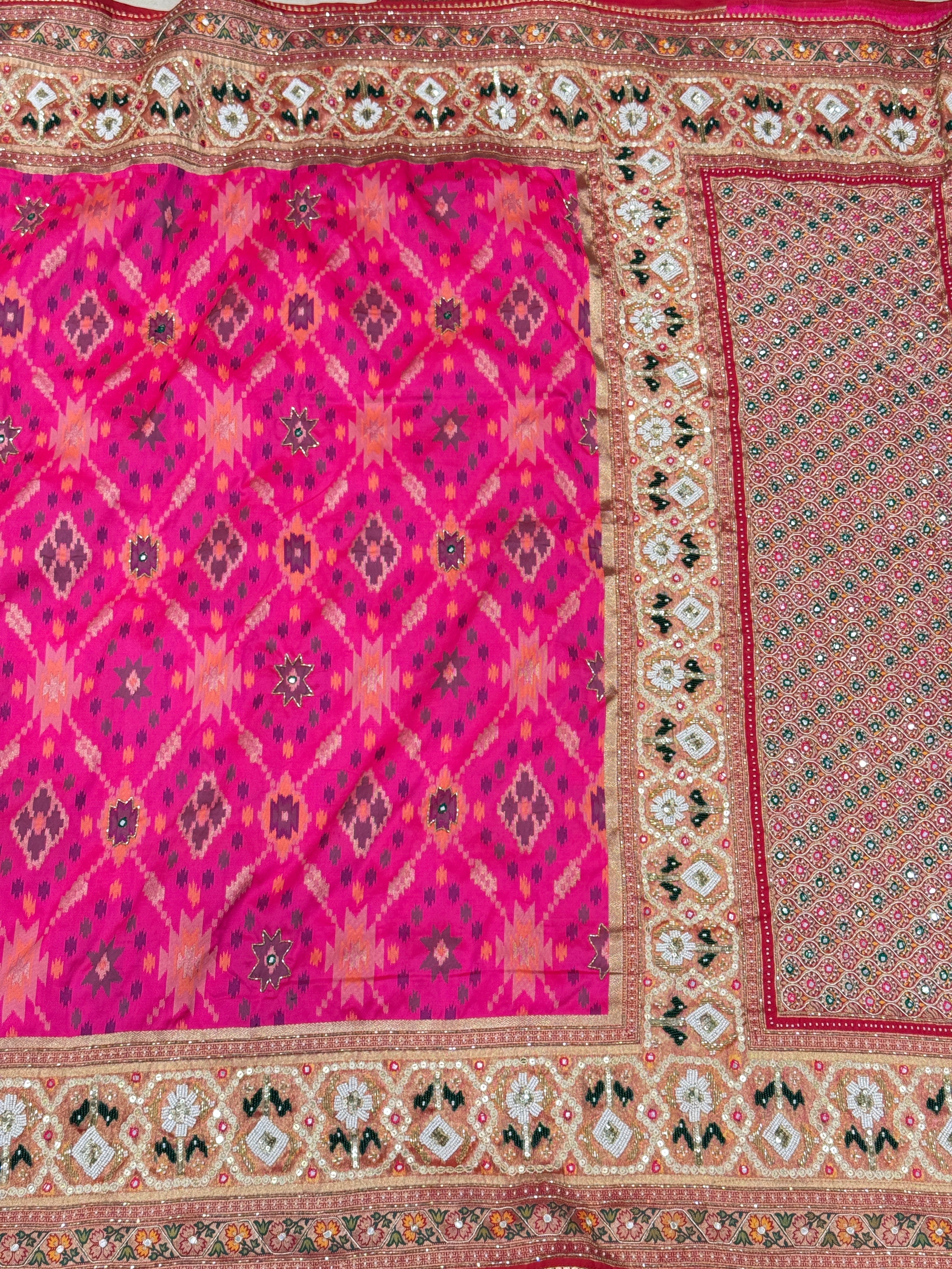 Rani Patola Kutchi Moti Embroidery Saree