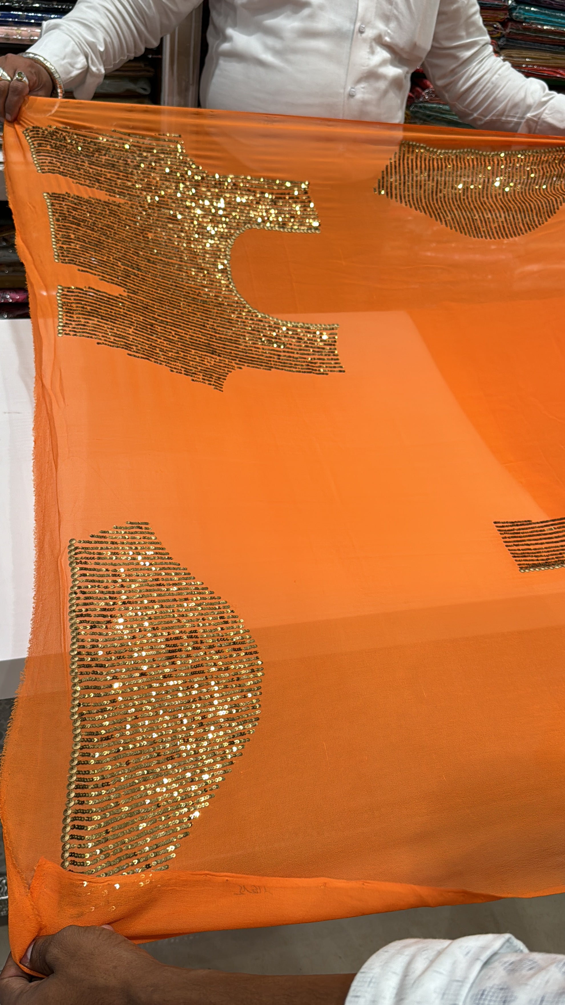 Orange Georgette Antique Sequin Hand Embroidery Saree